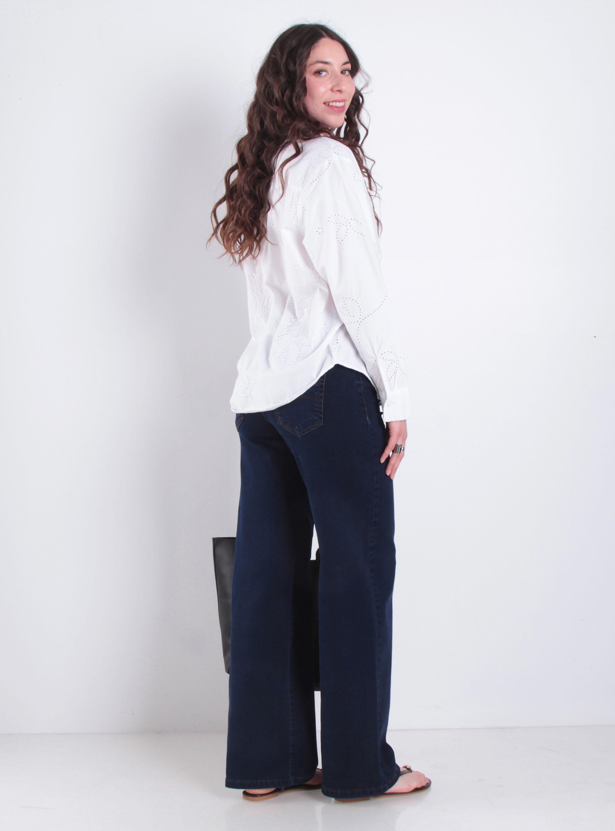 Jeans Wide Leg Tiro Alto Pretina Básica Botón-4
