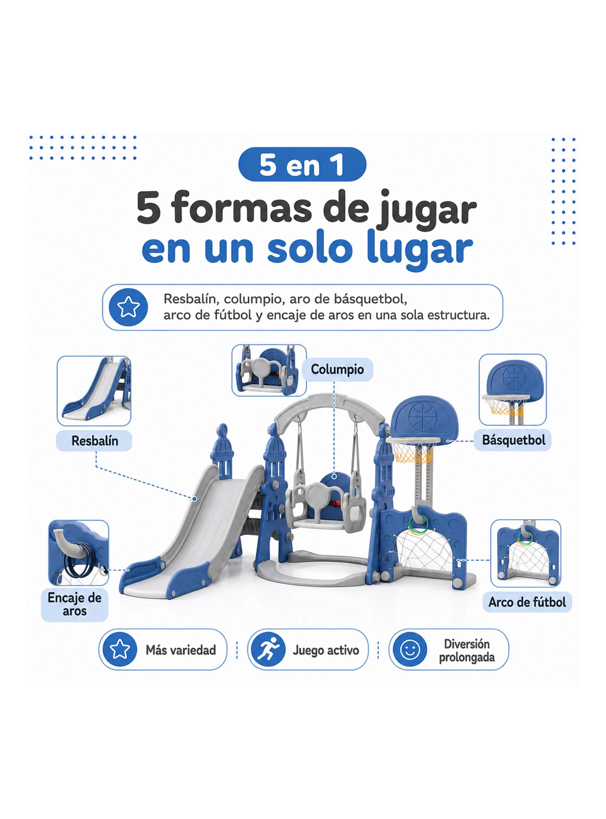 Centro de Juego Resbalín Columpio Infantil 5 en 1 Azul-2