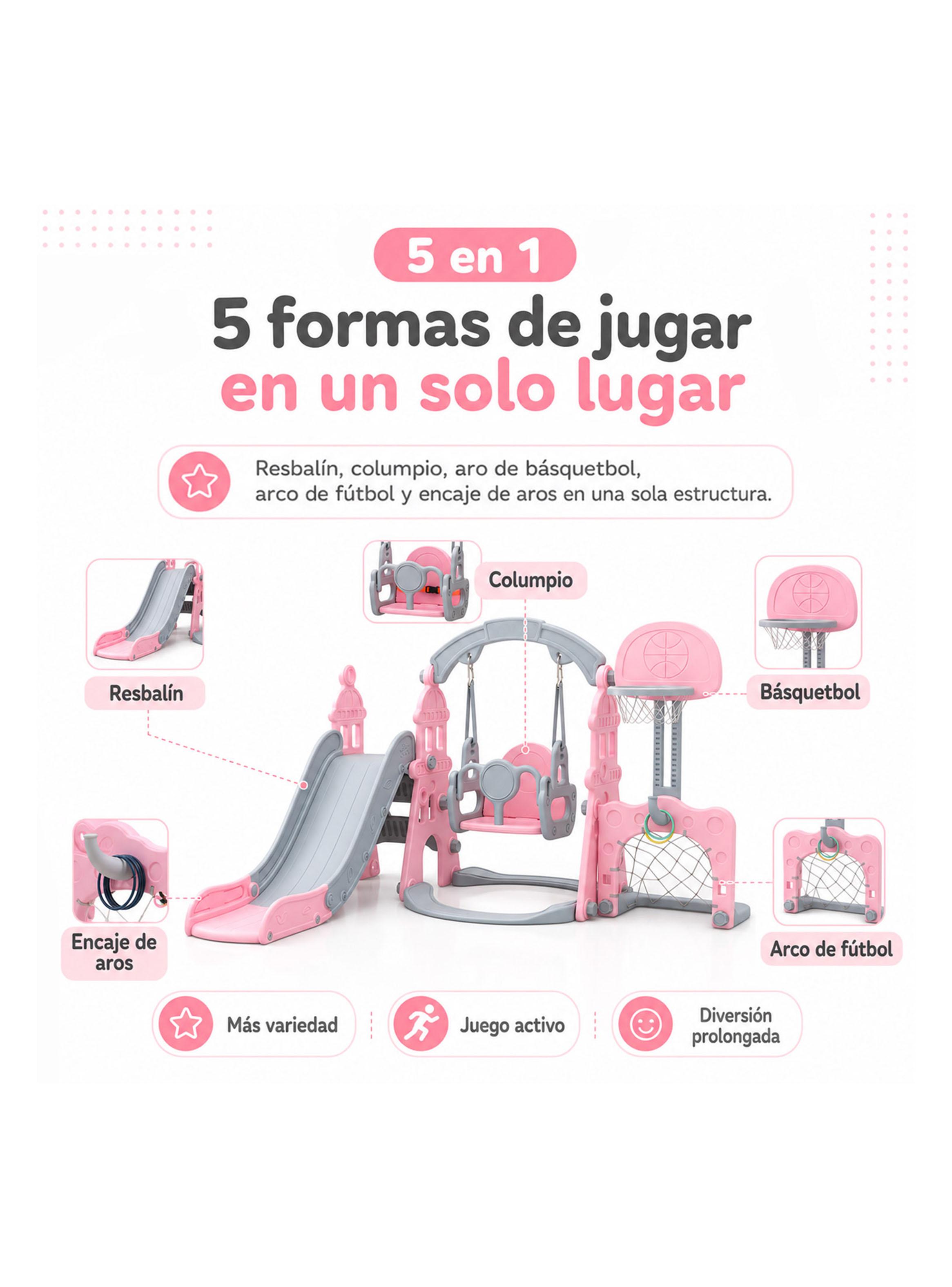 Centro de Juego Resbalín Columpio Infantil 5 en 1 Rosado-3