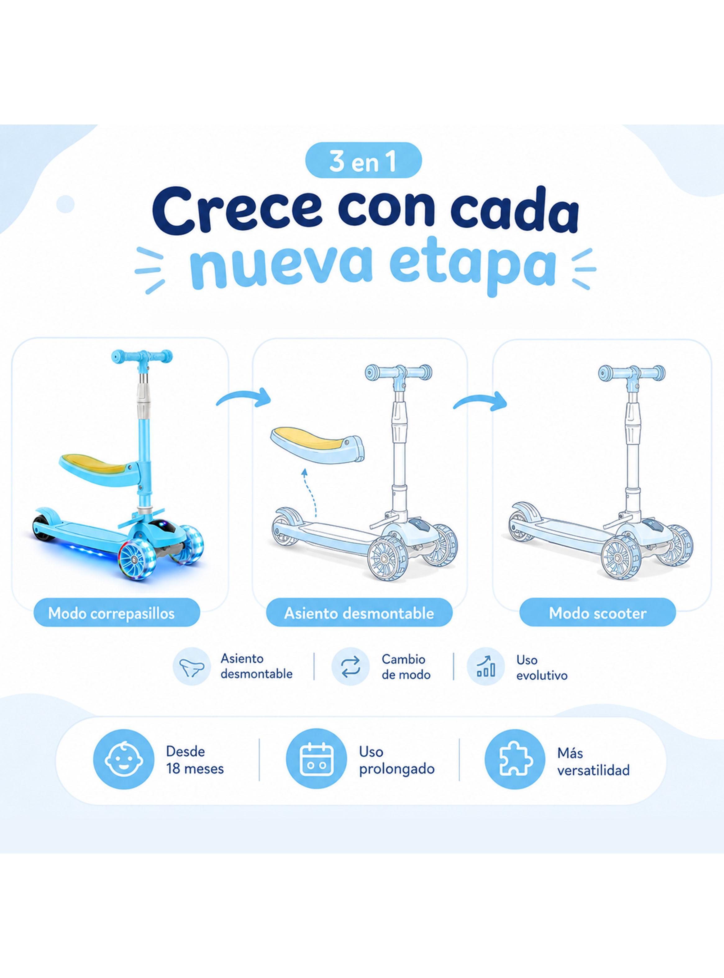 Scooter Plegable con Asiento Música y Luces Azul-3