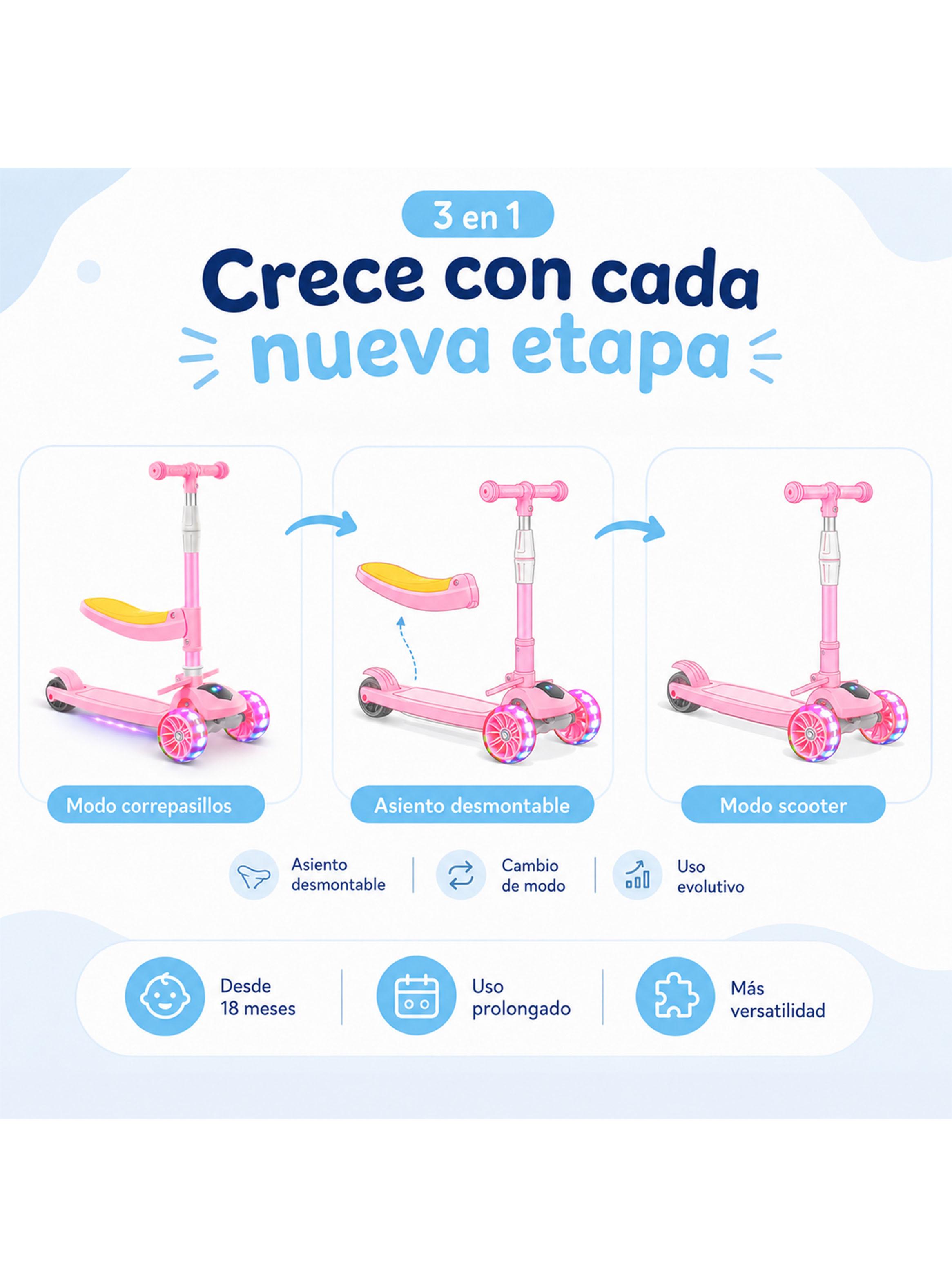 Scooter Plegable con Asiento Sonido y Luces Rosado-3