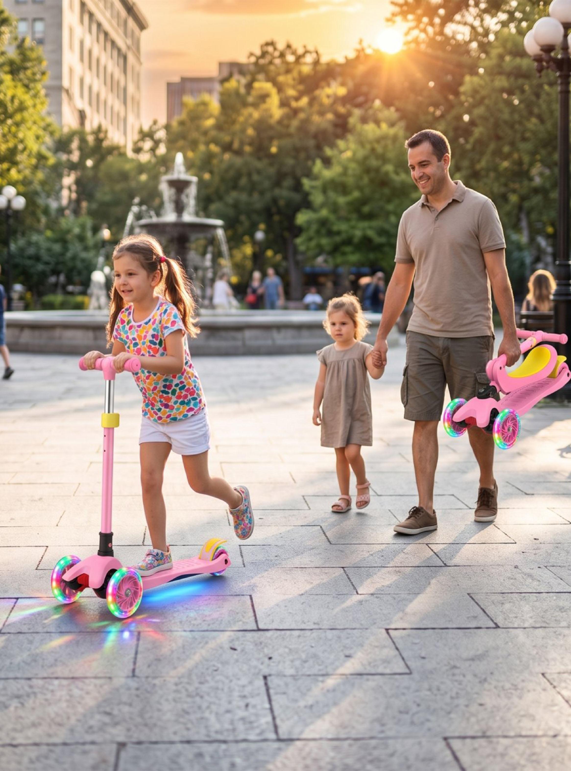 Scooter Plegable con Asiento Sonido y Luces Rosado-5