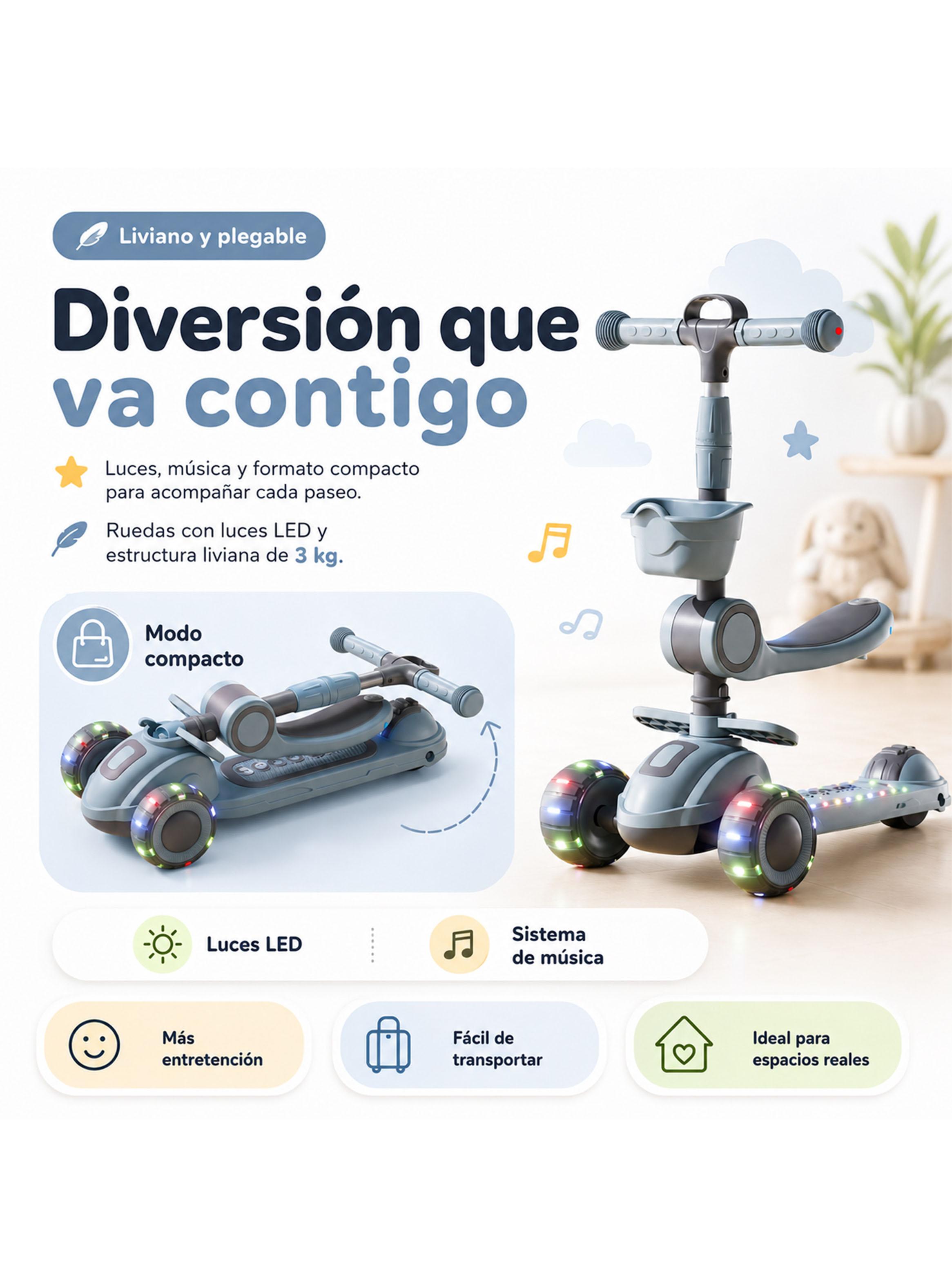 Scooter Plegable con Asiento Luces y Música Gris-3