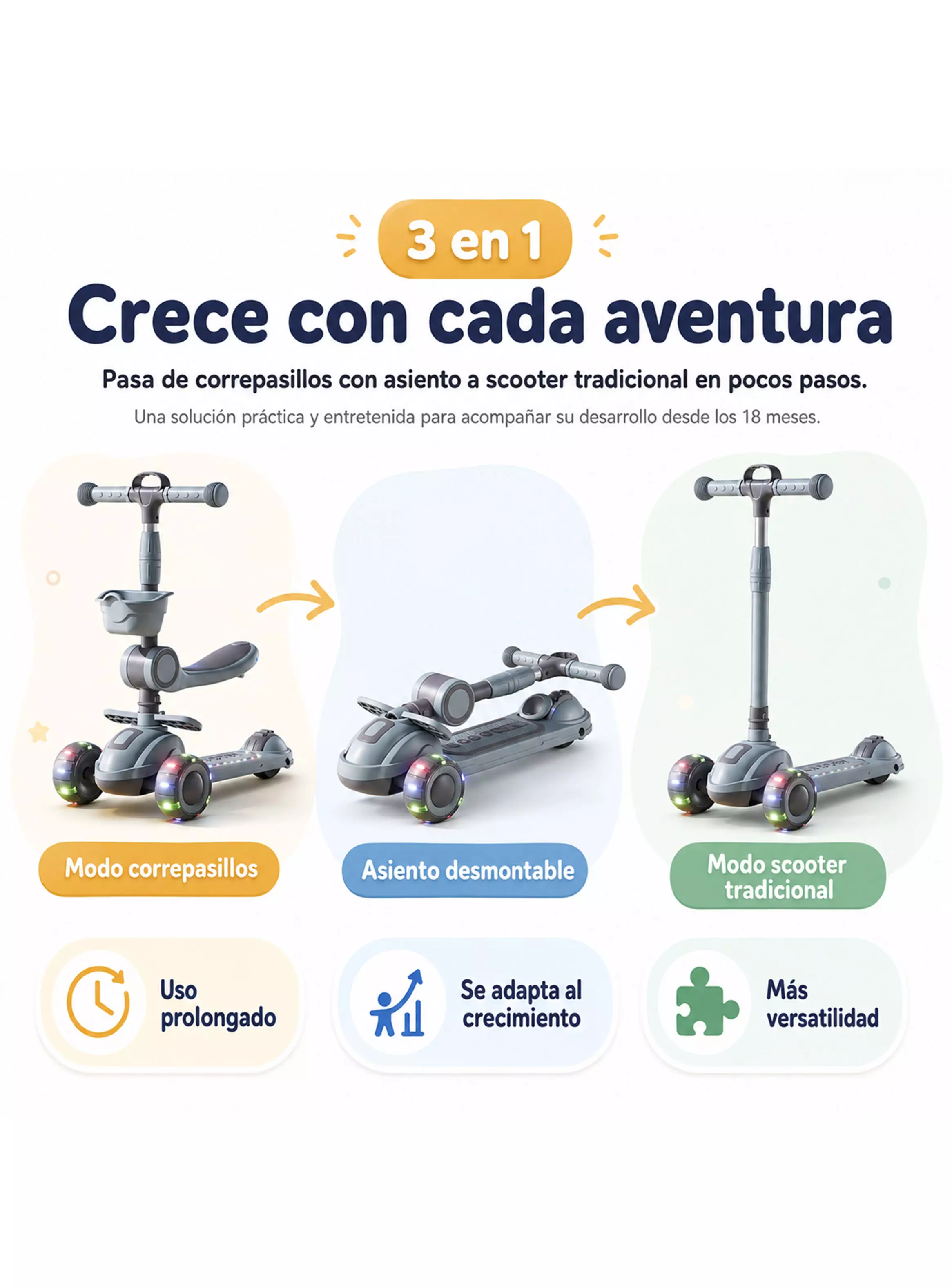 Scooter Plegable con Asiento Luces y Música Gris-4