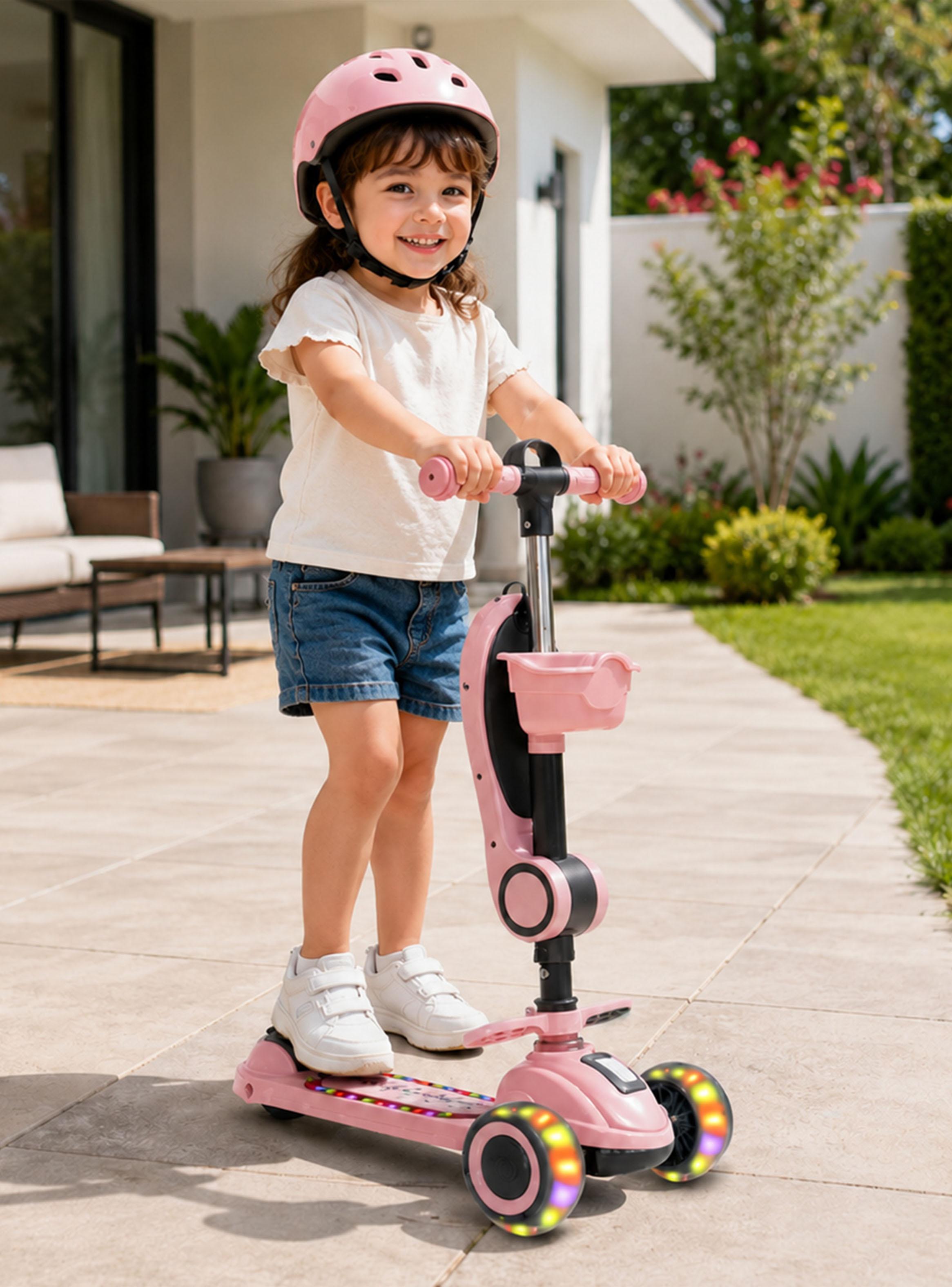 Scooter Plegable con Asiento Luces y Música Rosado-5