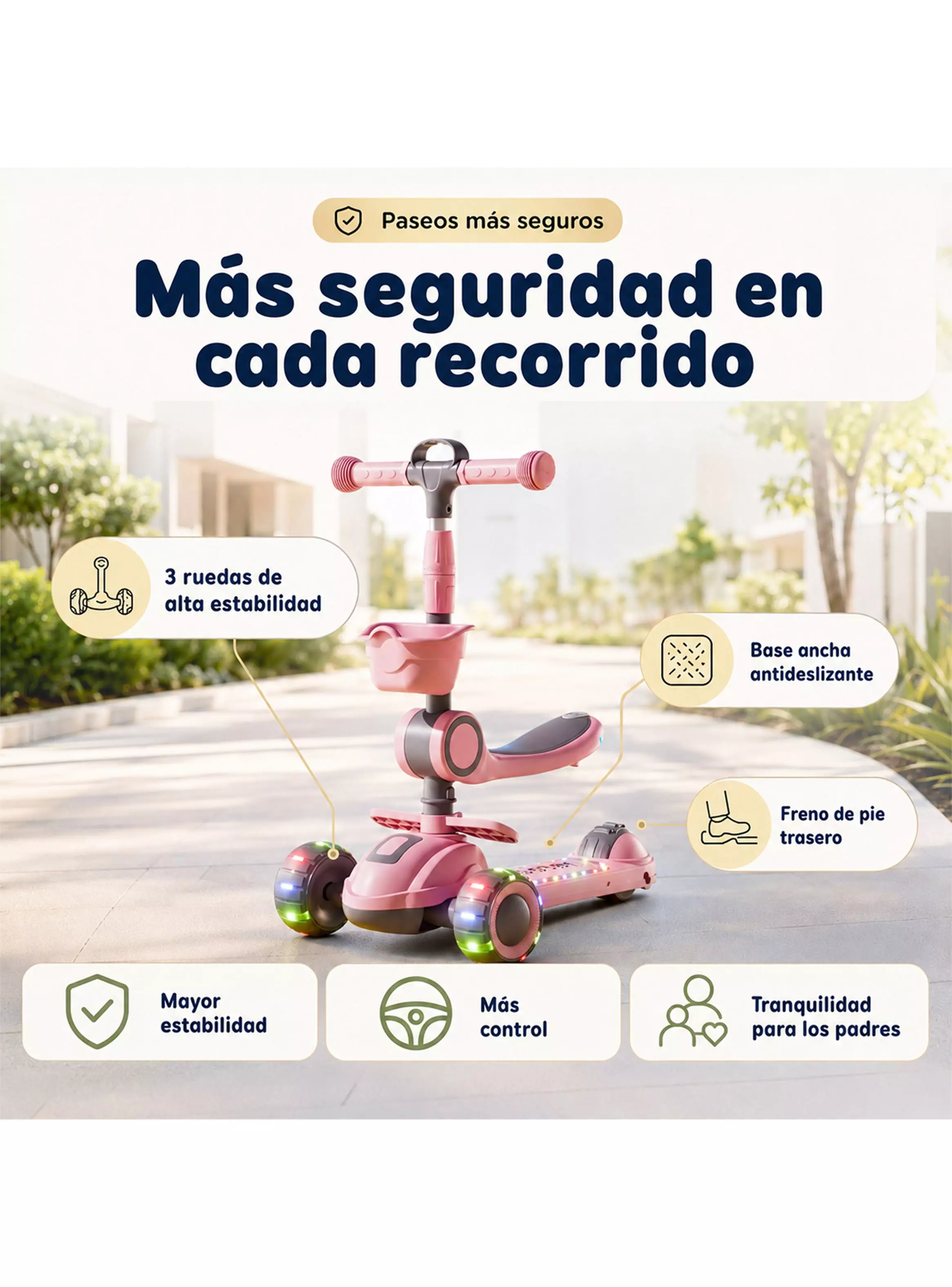 Scooter Plegable con Asiento Luces y Música Rosado-4