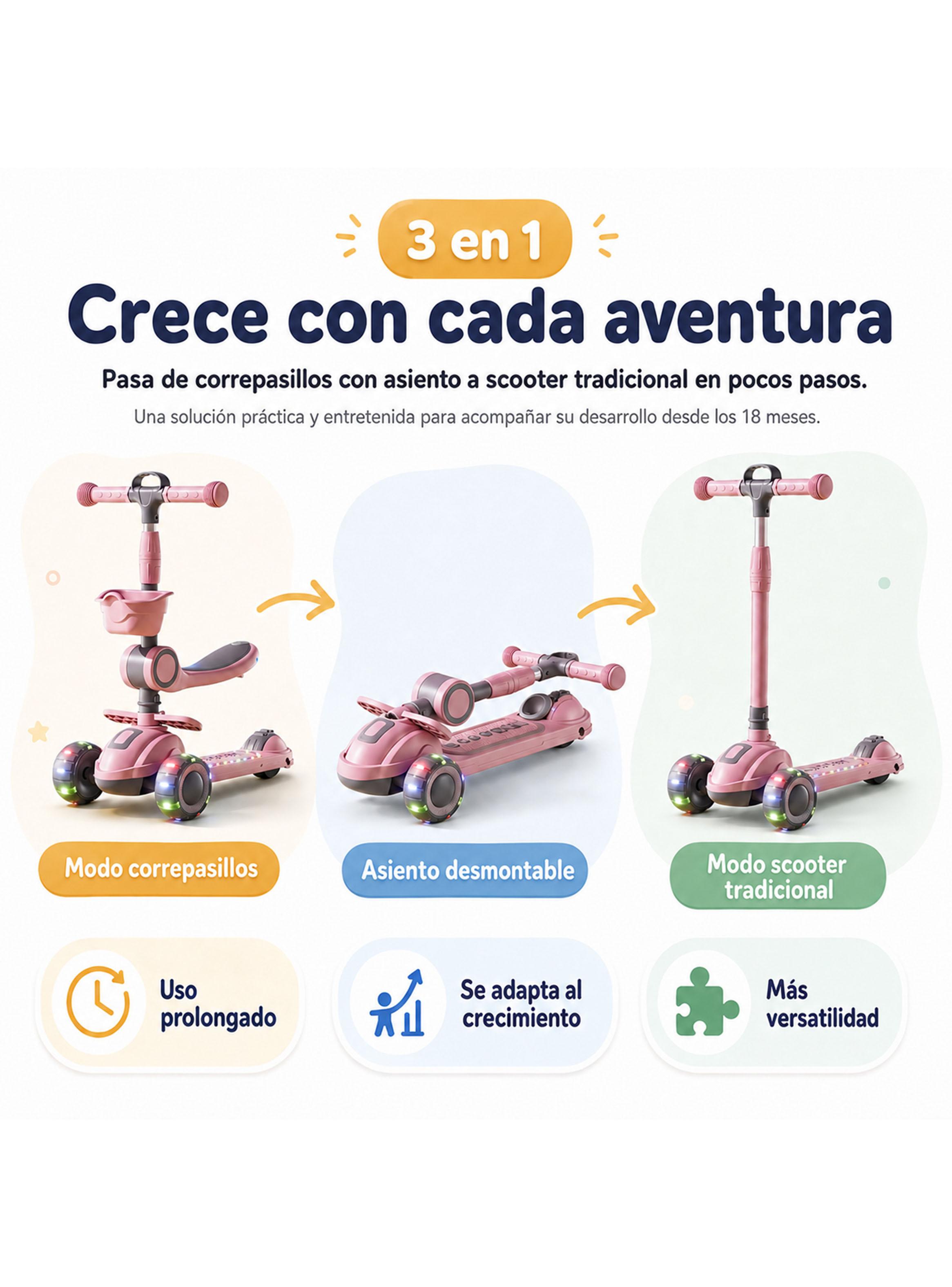 Scooter Plegable con Asiento Luces y Música Rosado-2