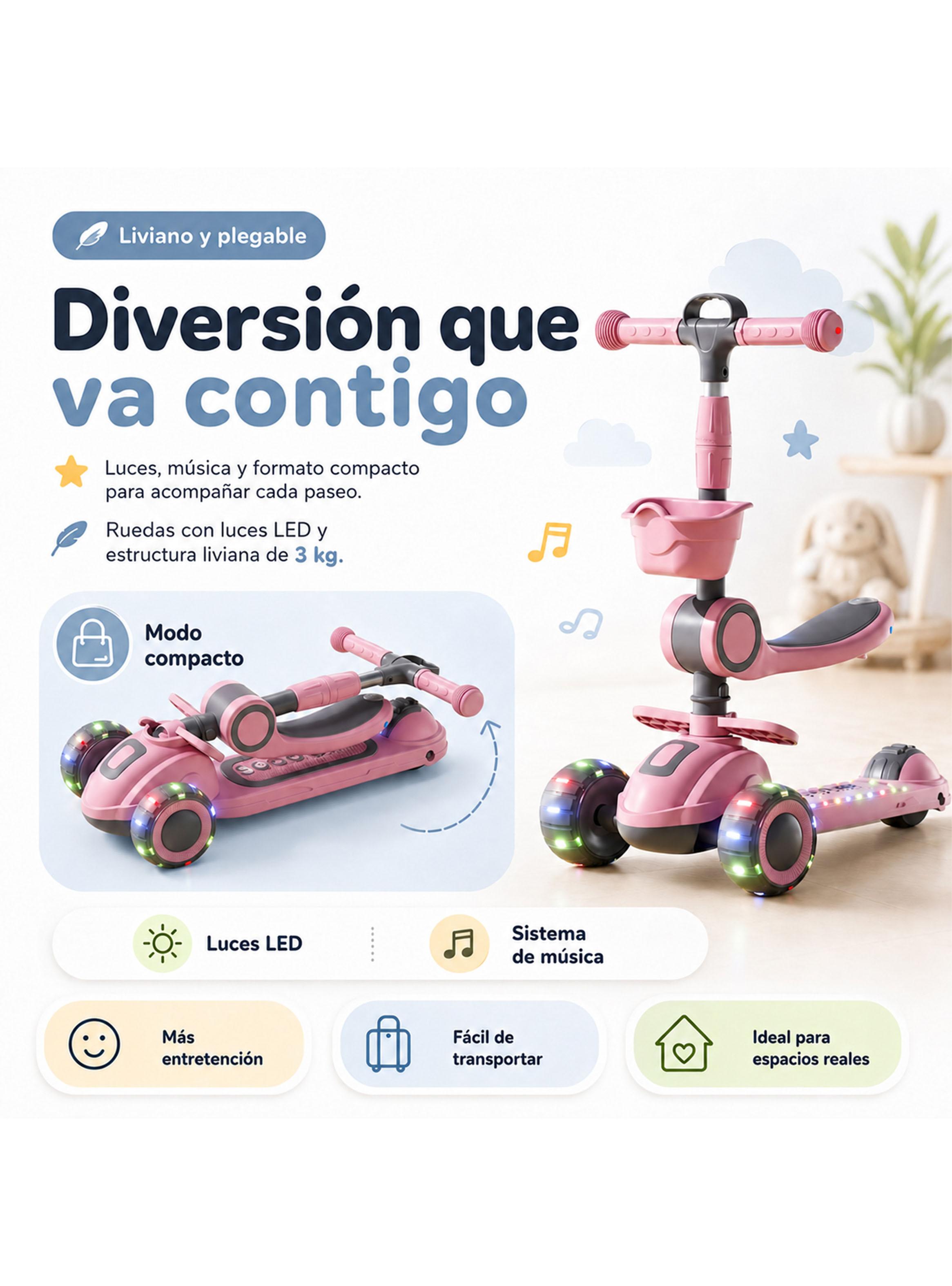 Scooter Plegable con Asiento Luces y Música Rosado-3