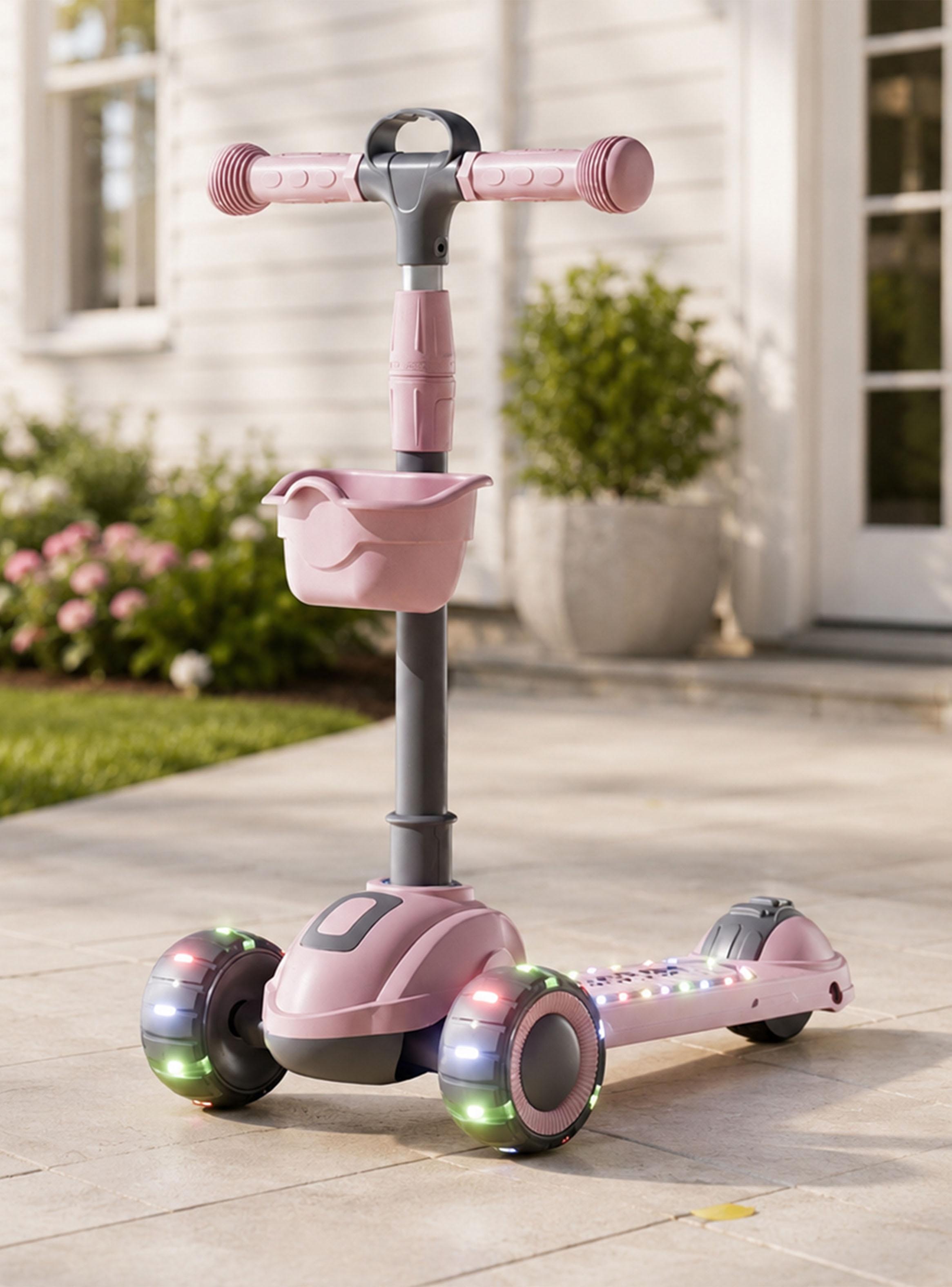 Scooter Plegable 3 Ruedas con Luces y Música Rosado-3