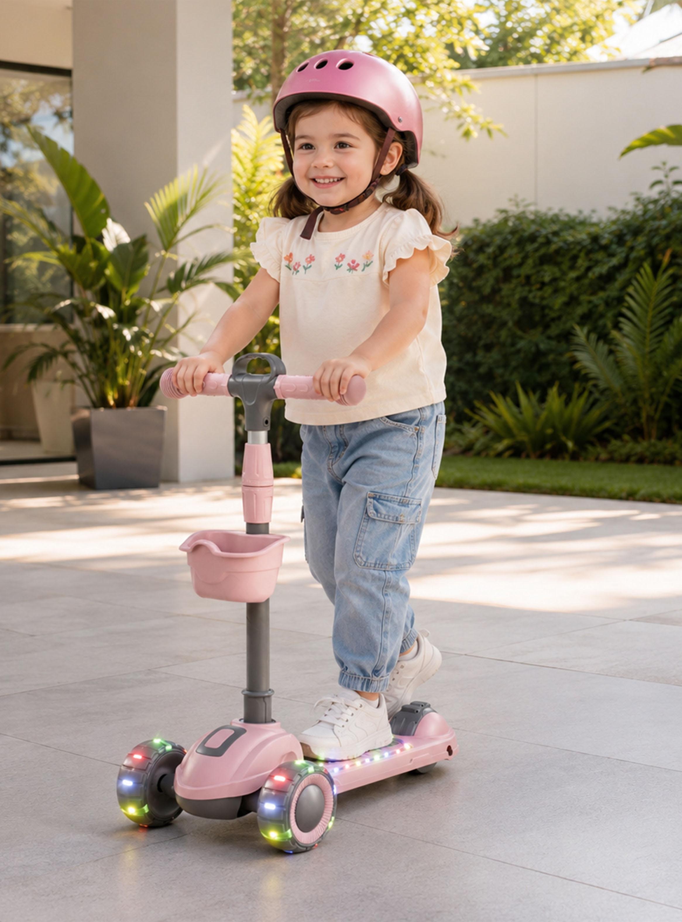 Scooter Plegable 3 Ruedas con Luces y Música Rosado-5