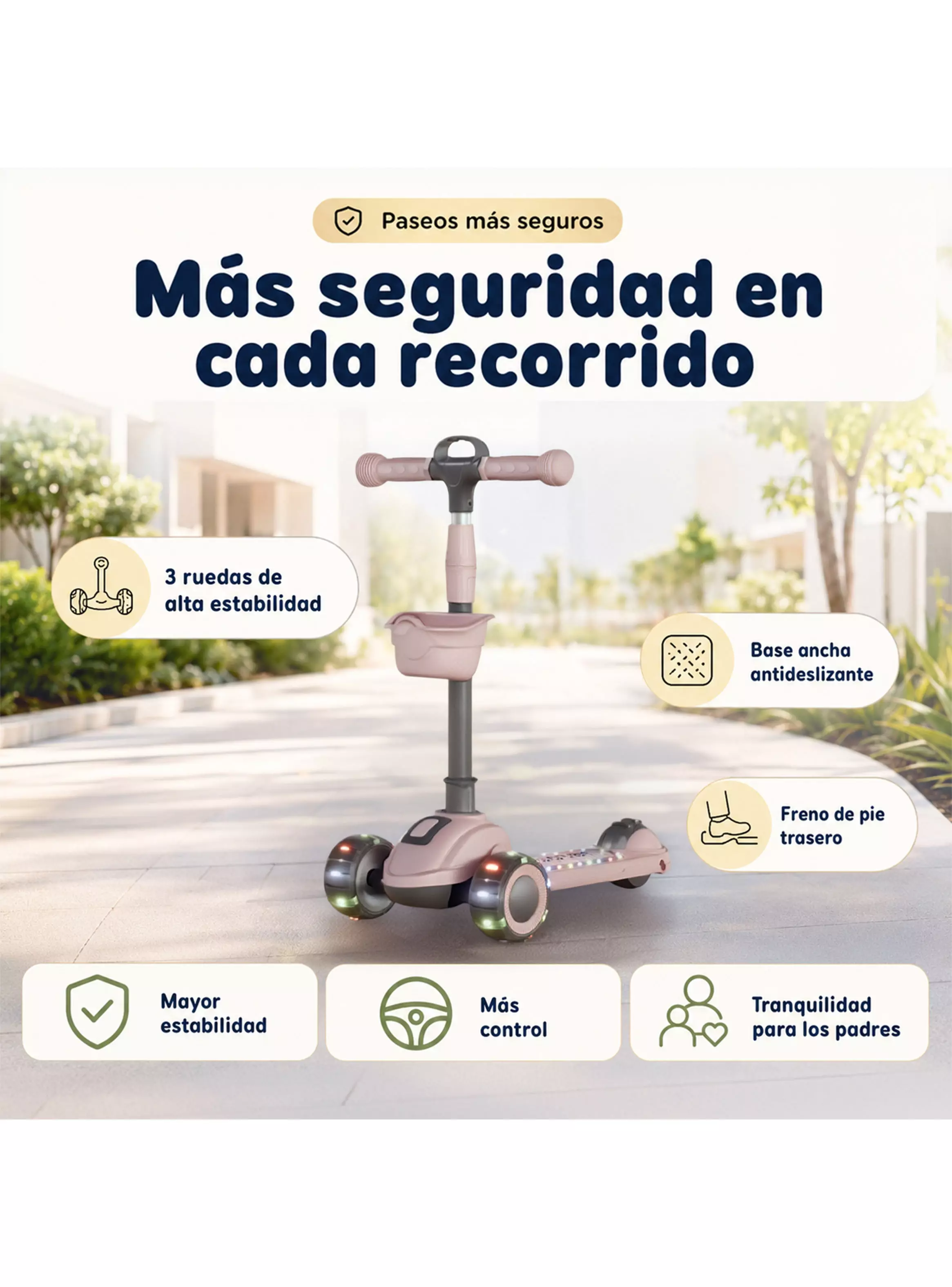 Scooter Plegable 3 Ruedas con Luces y Música Rosado-2