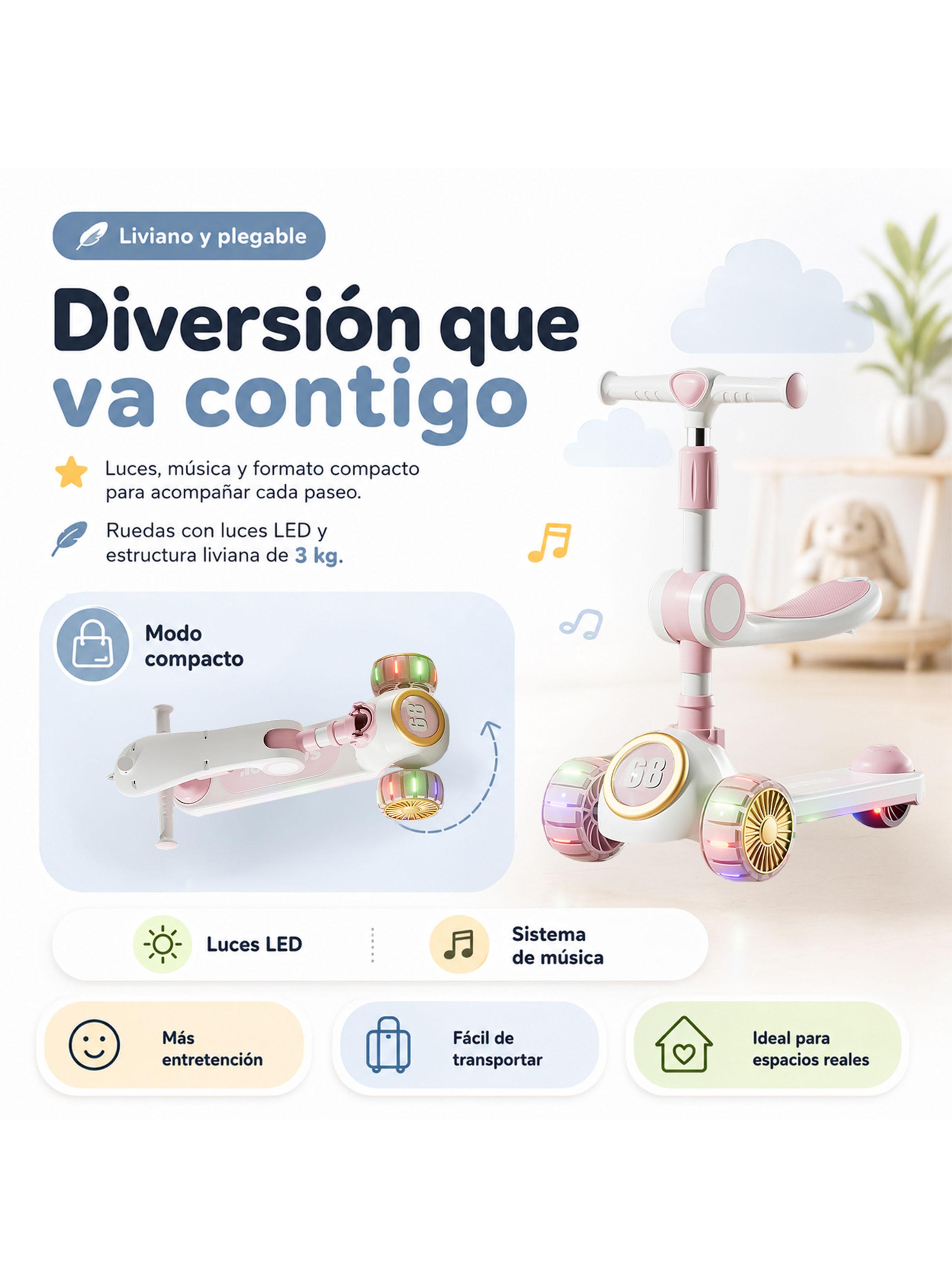 Scooter Infantil 3 en 1 Plegable con Asiento Rosado-3