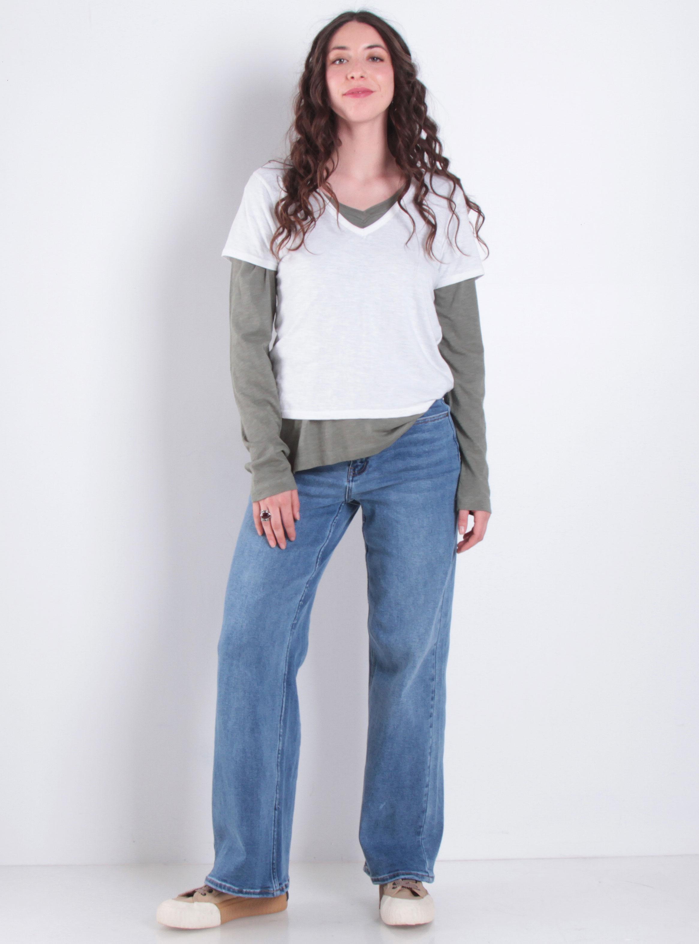 Jeans Wide Leg Tiro Alto Pretina Básica Botón 4416-3