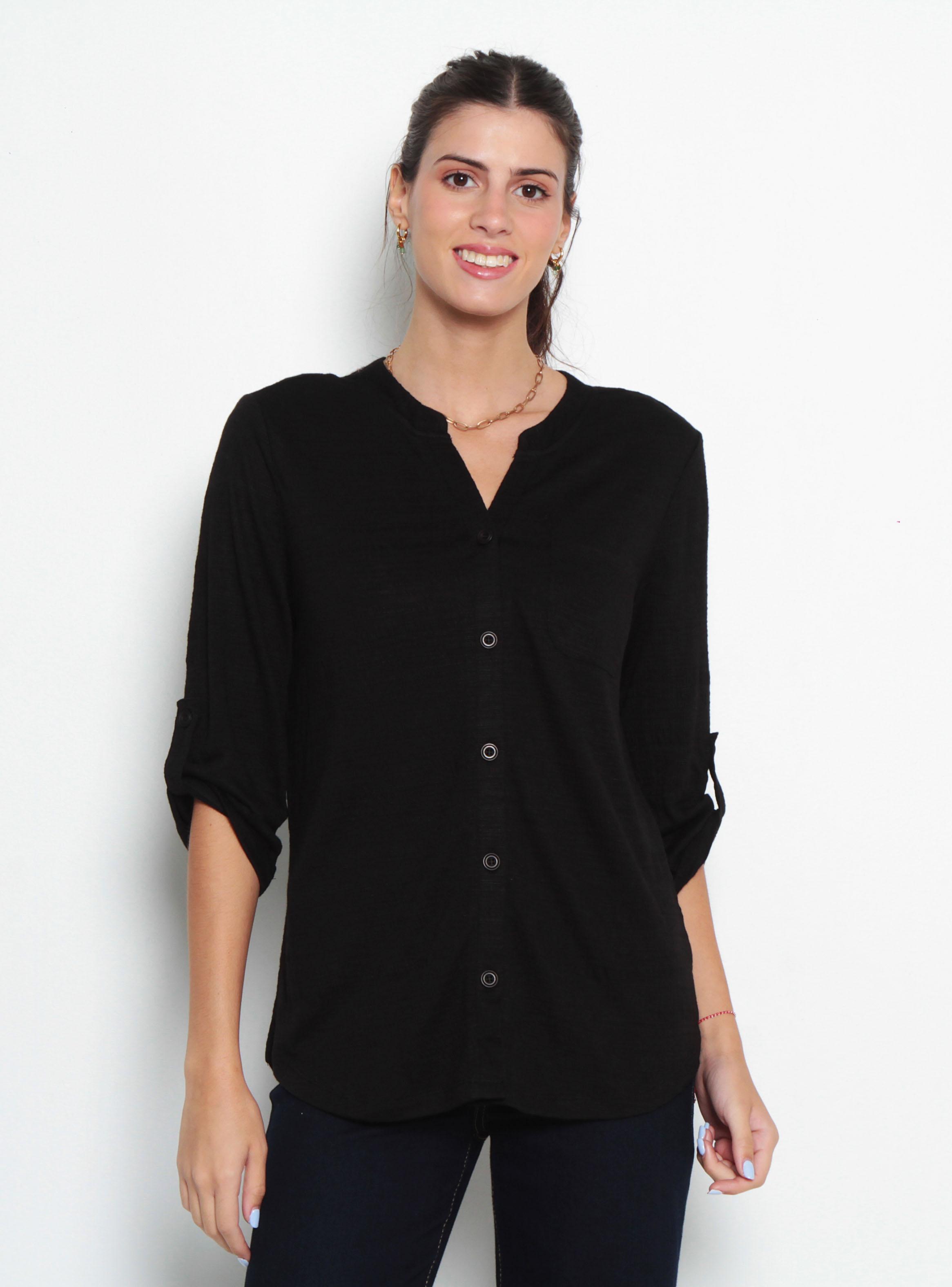 Blusa Manga 3/4 Abotonado en Delantero con Bolsillo Escote V-0