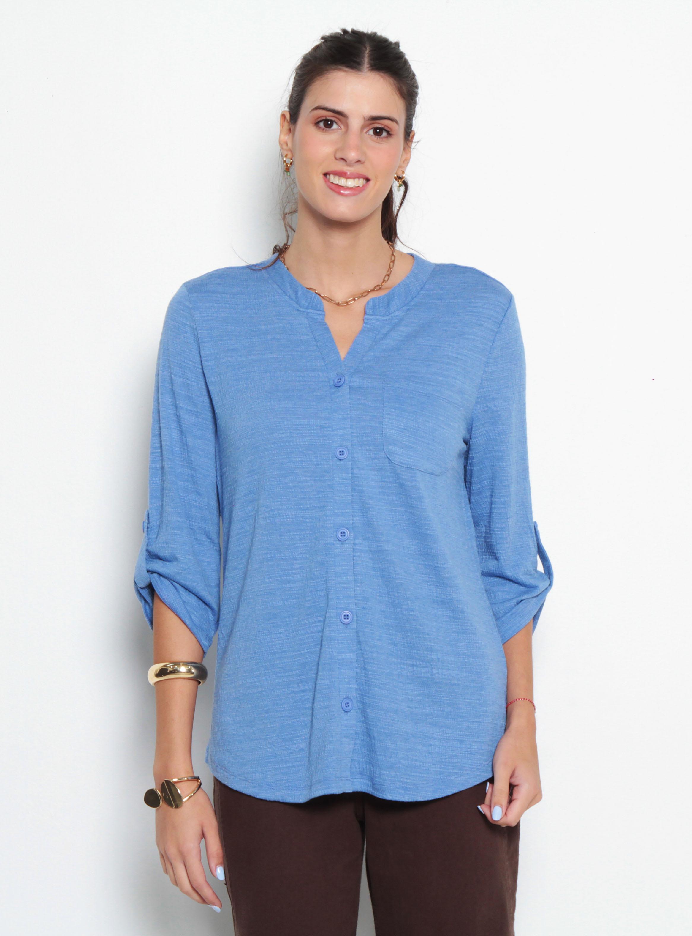 Blusa Manga 3/4 Abotonado en Delantero con Bolsillo Escote V-0