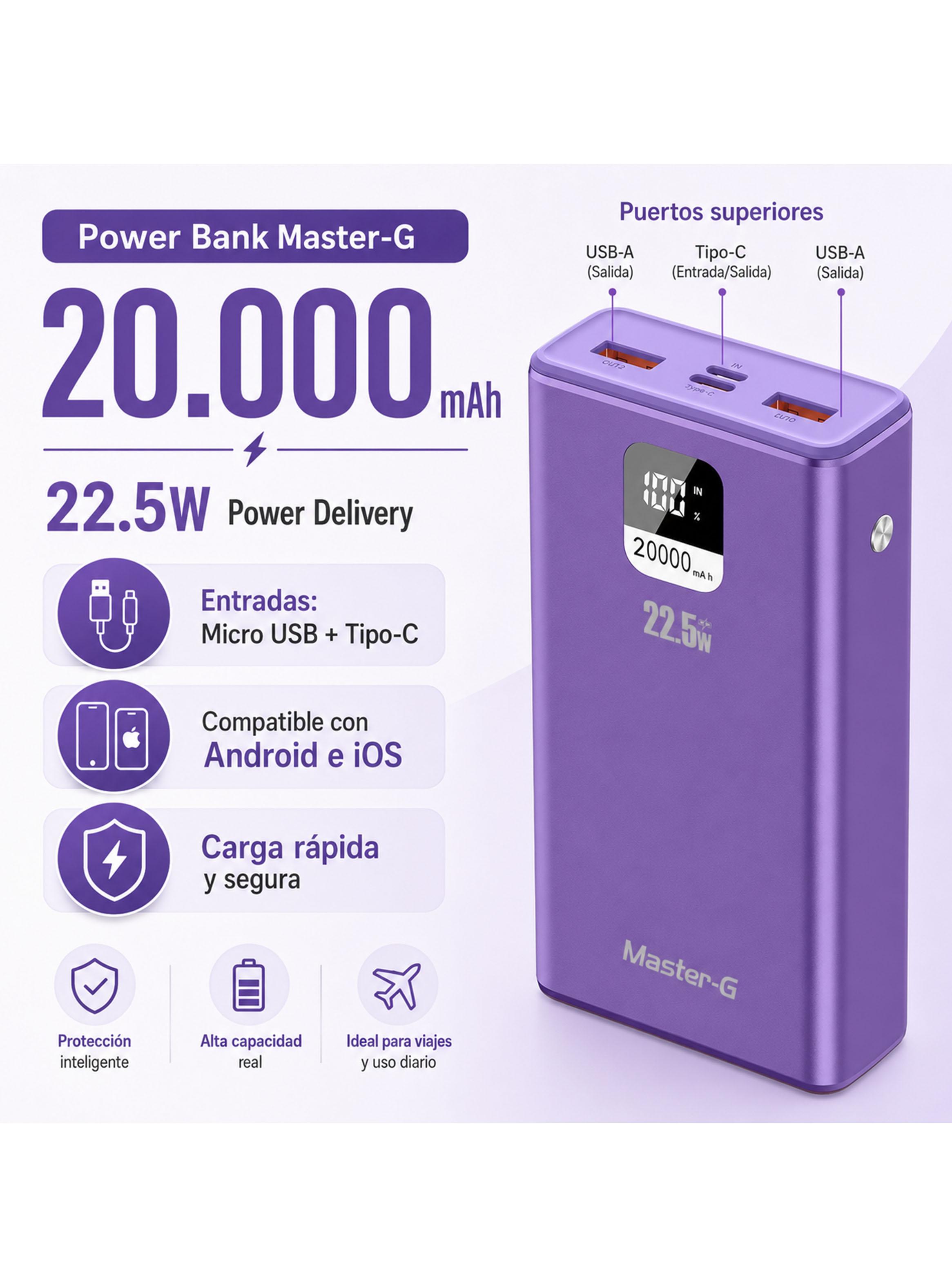 Batería Externa Power Bank 20.000 mAh 22.5W UCP20MPD Morado-2