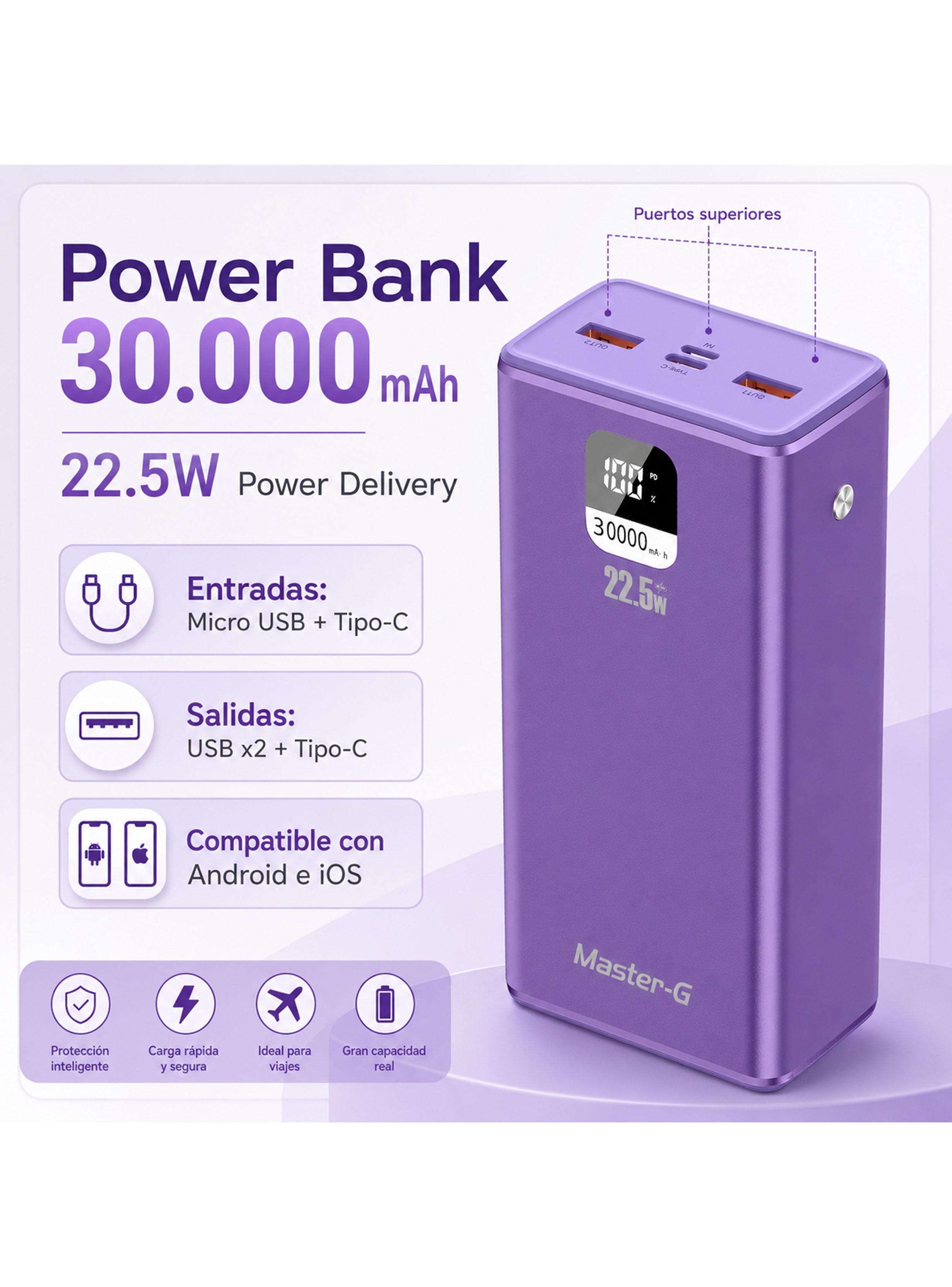 Batería Externa Power Bank 30.000 mAh 22.5W UCP30MPD Morado-2