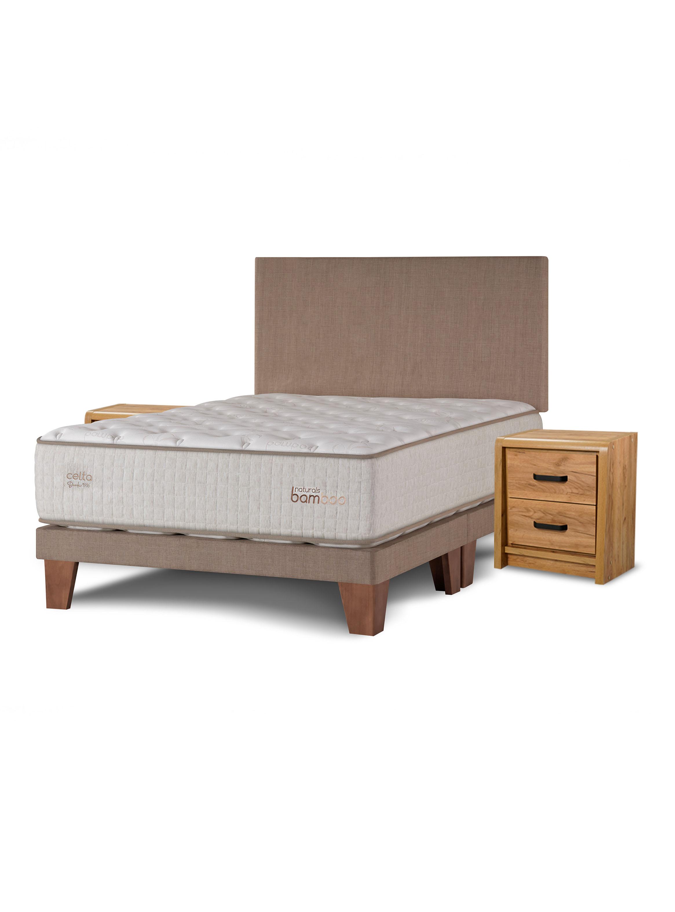 Cama Europea Naturals Bamboo King + Respaldo Liso Arena+ Veladores Concept-0
