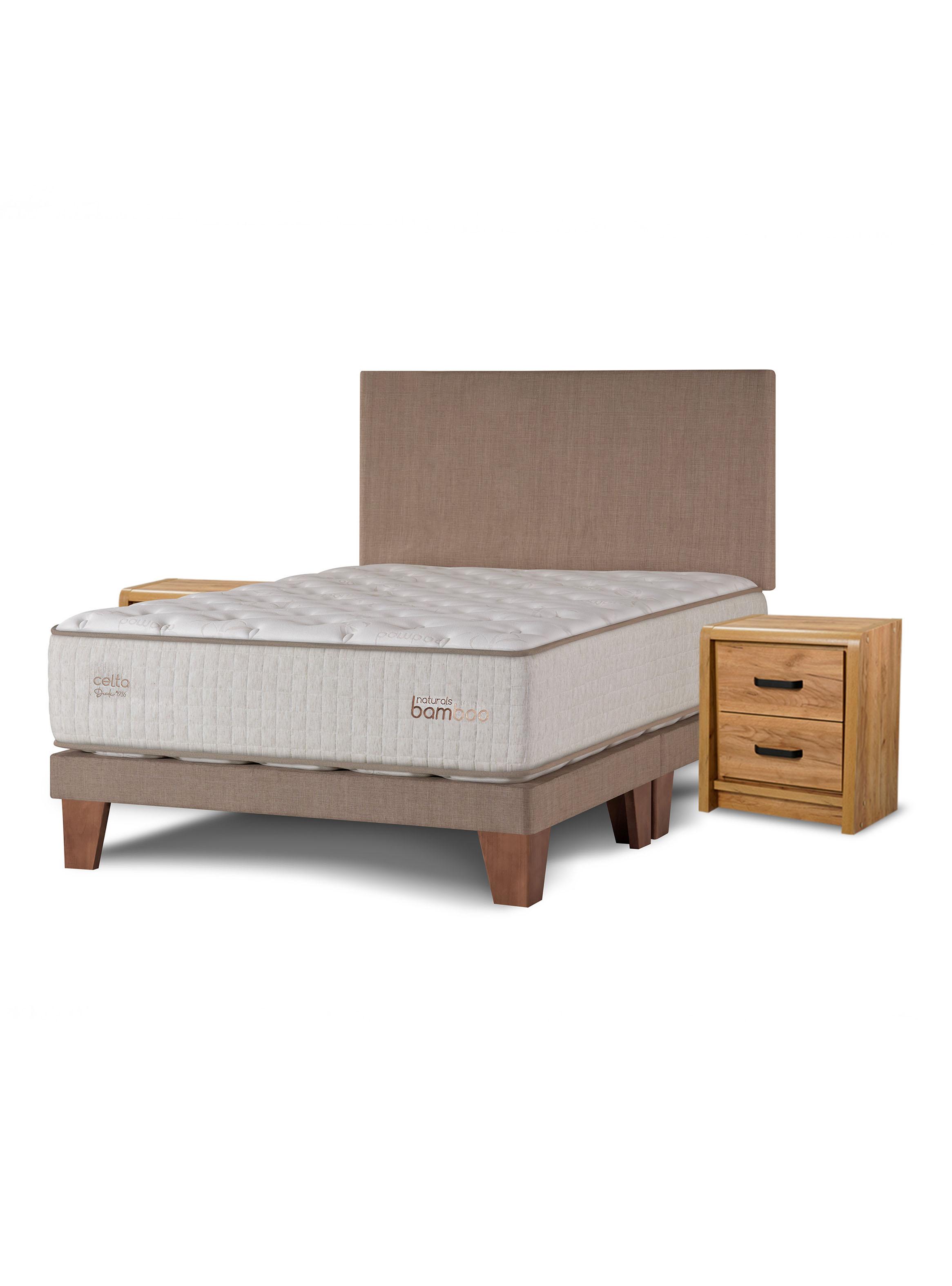 Cama Europea Naturals Bamboo Súper King + Respaldo Liso Arena+ Veladores Concept-0