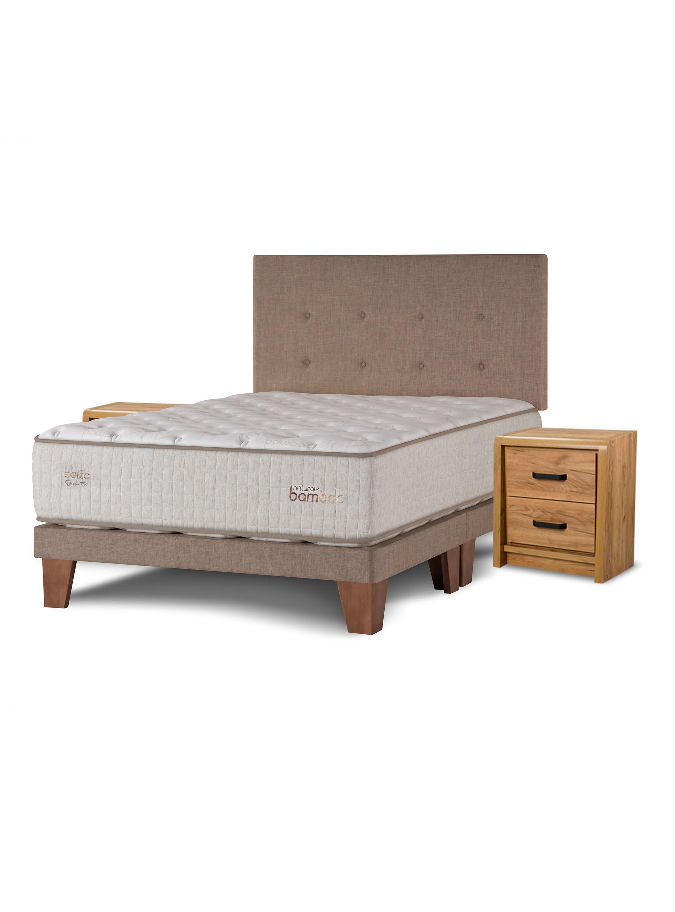 Cama Europea Naturals Bamboo 2 Plazas x 2 Metros + Respaldo Botones Arena + Veladores Concert-0