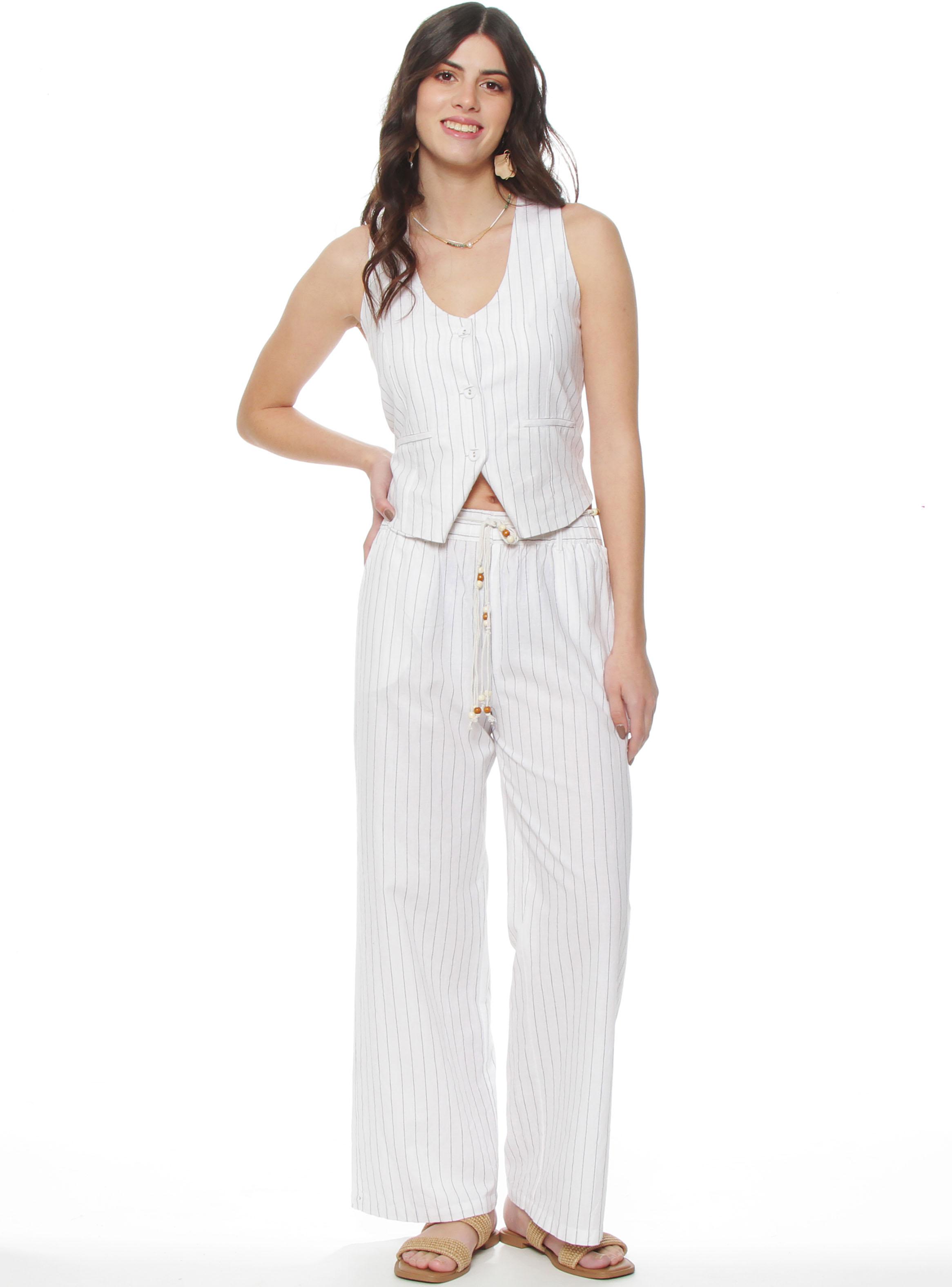 Pantalón Wide Leg Lino Listado con Cintura Elasticada-3