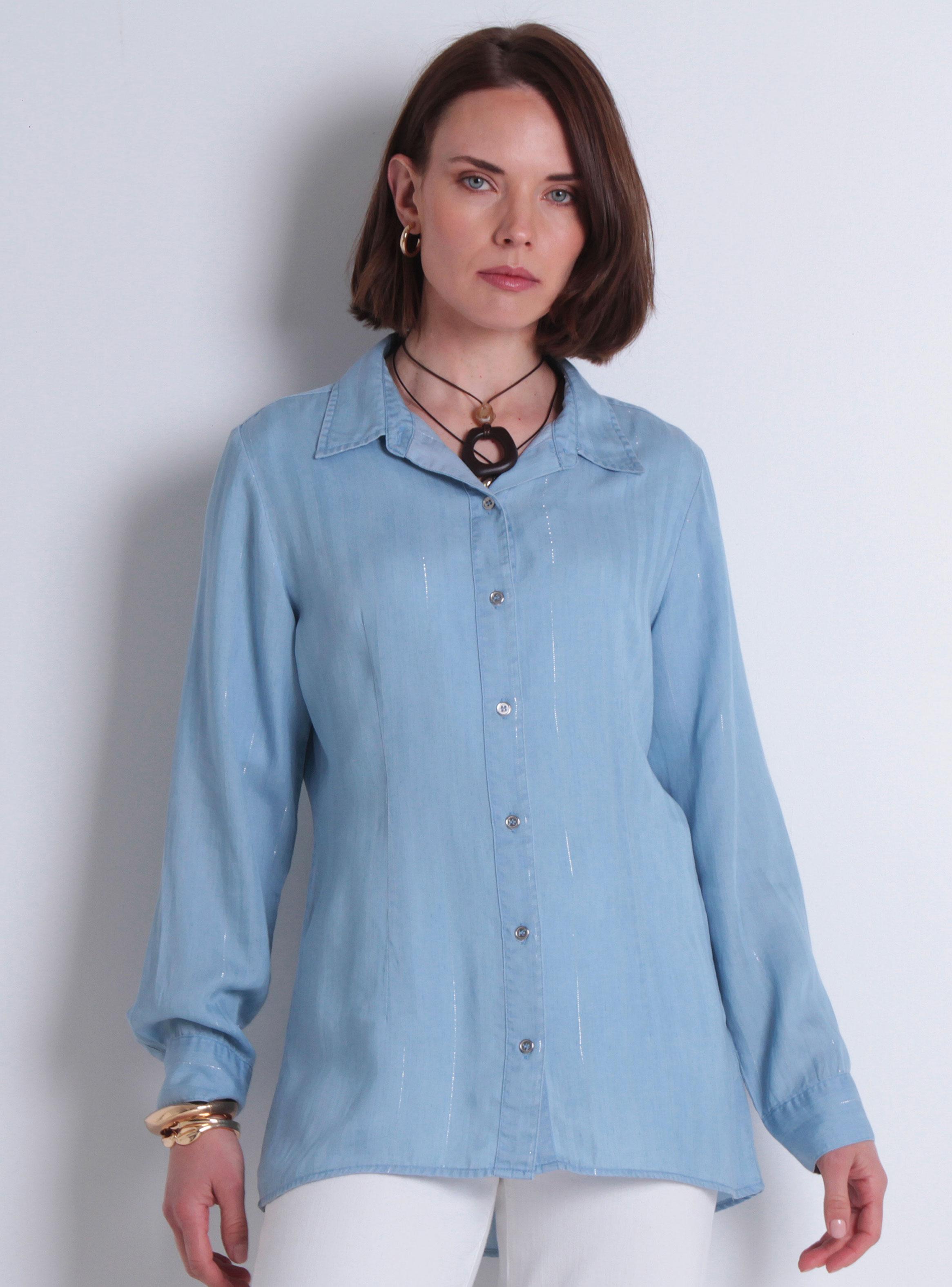 Blusa Tencel Listado Lurex Abotonada-0