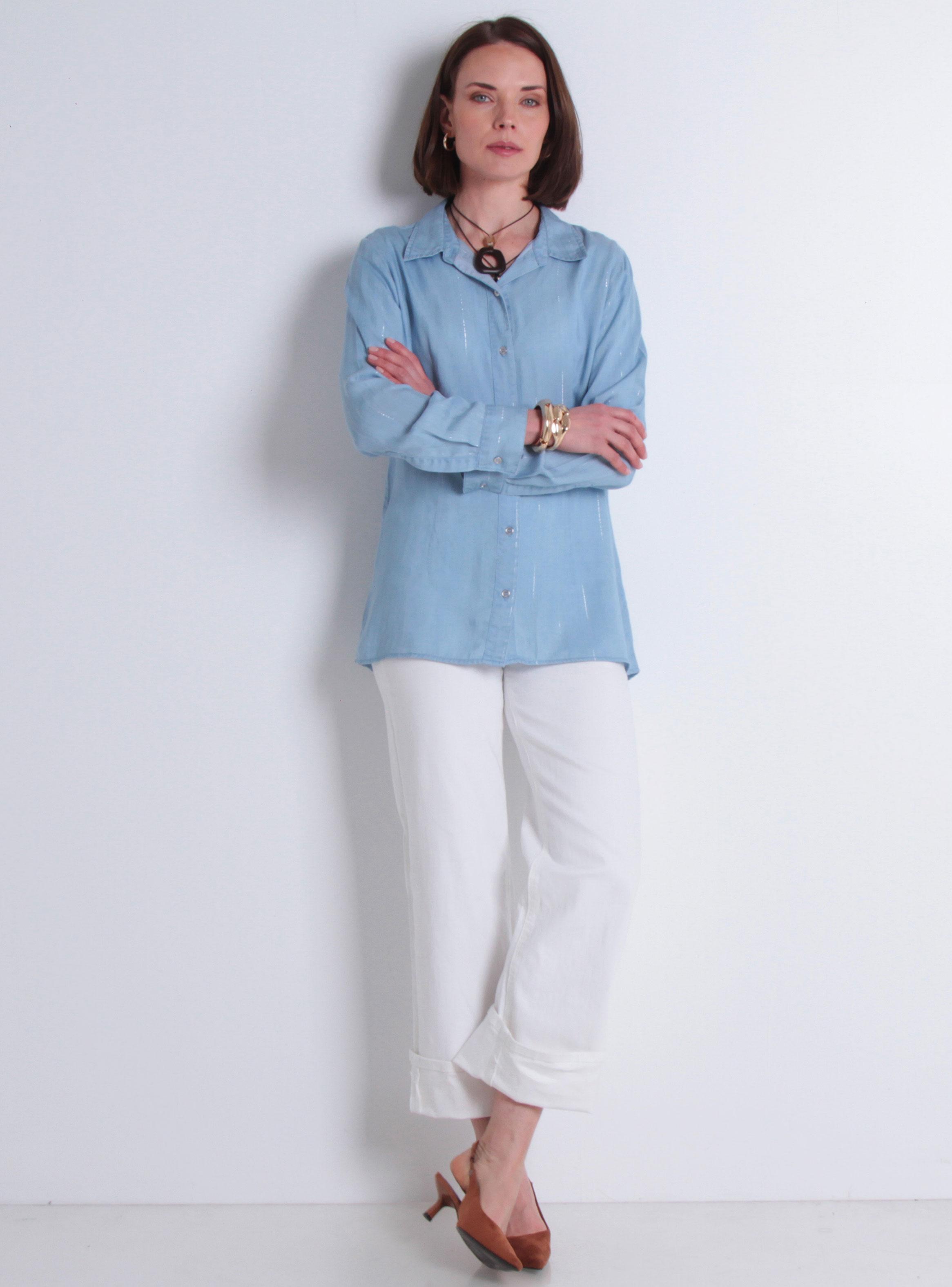 Blusa Tencel Listado Lurex Abotonada-3