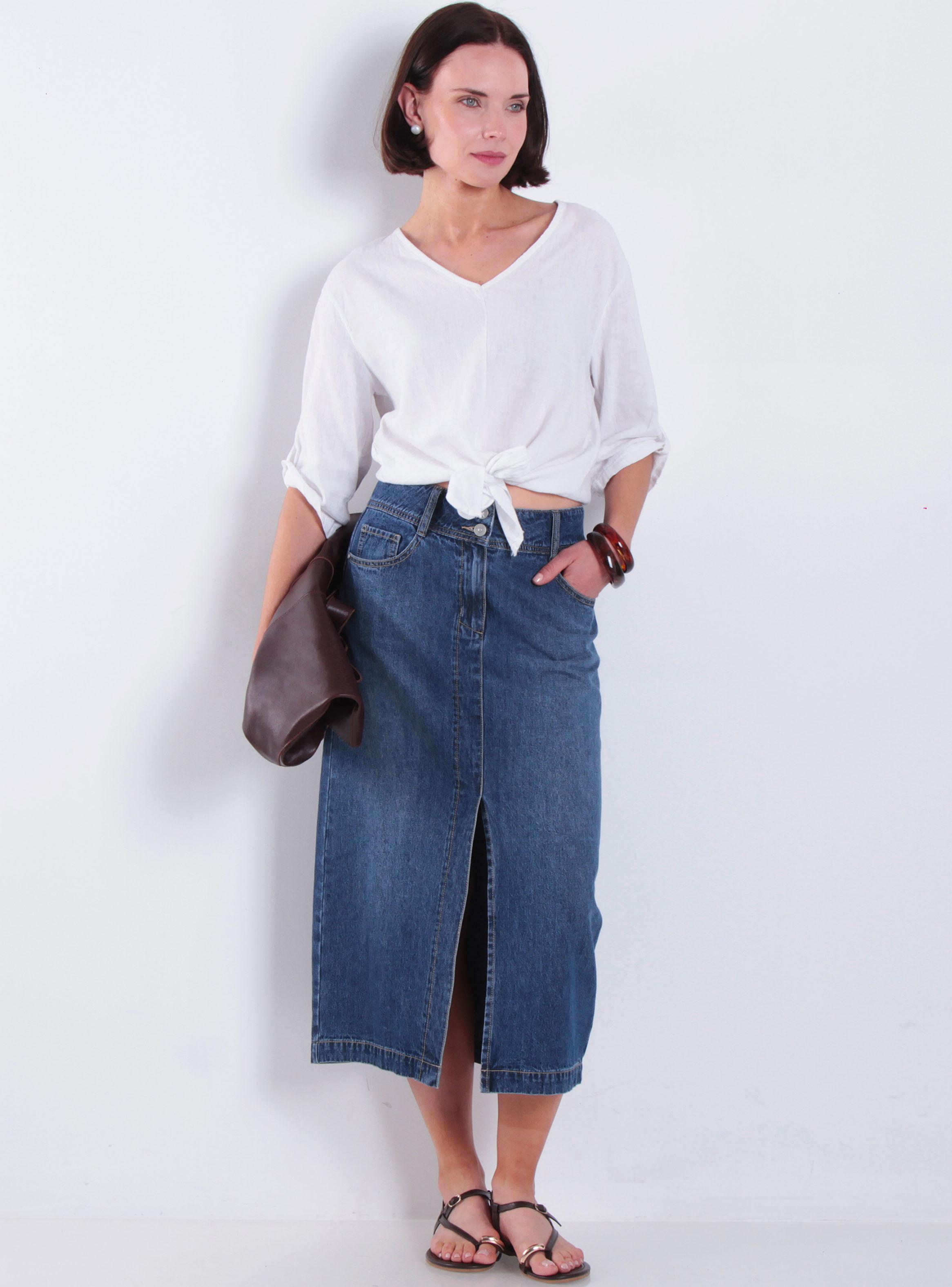 Falda Denim Pretina Media 2 Botones Abertura en Delantero-3