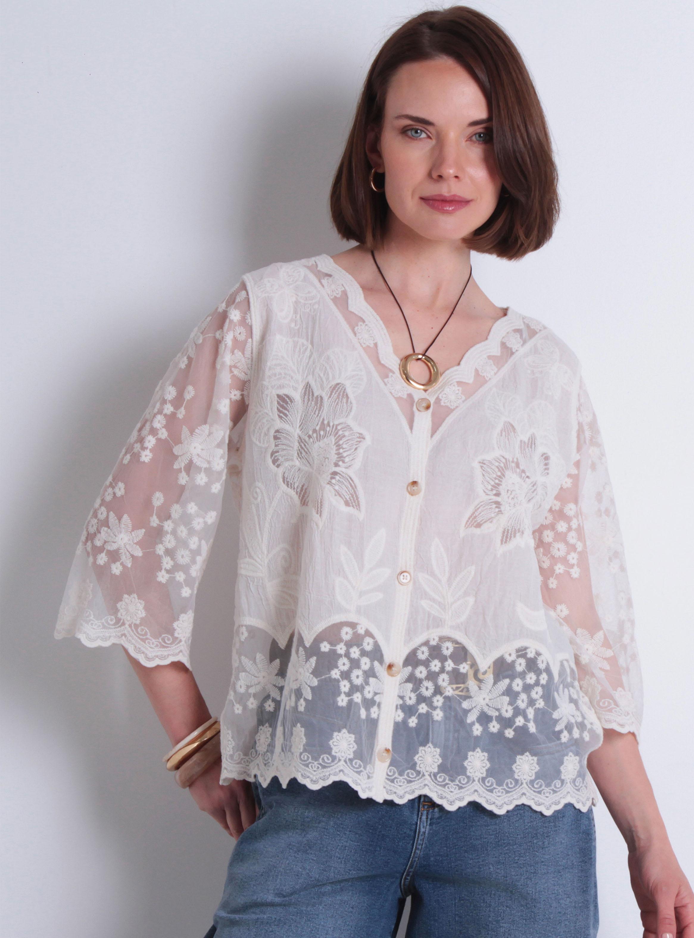 Blusa Embroidery Manga Corta Abotonada en Delantero Escote V-0
