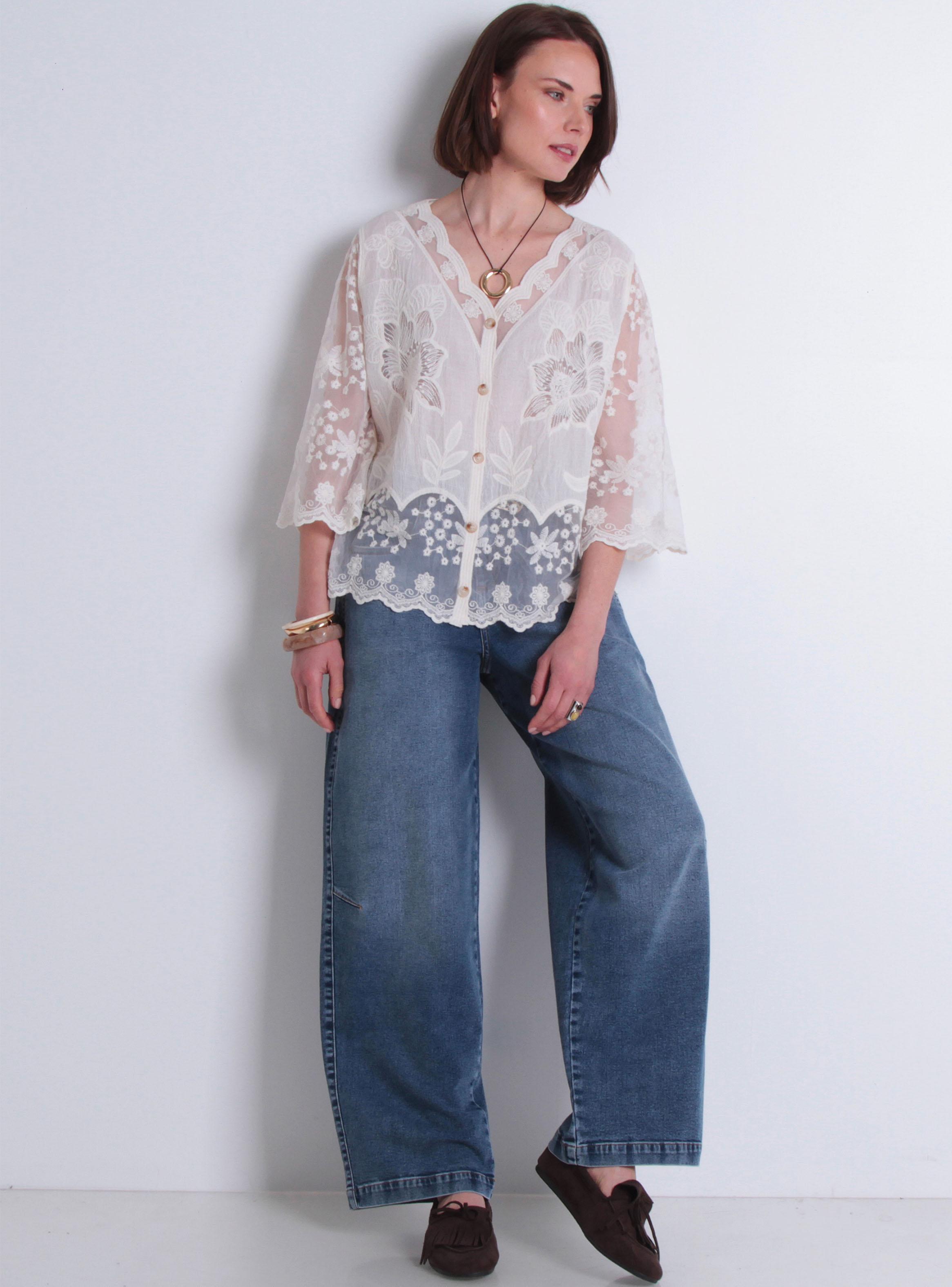 Blusa Embroidery Manga Corta Abotonada en Delantero Escote V-3