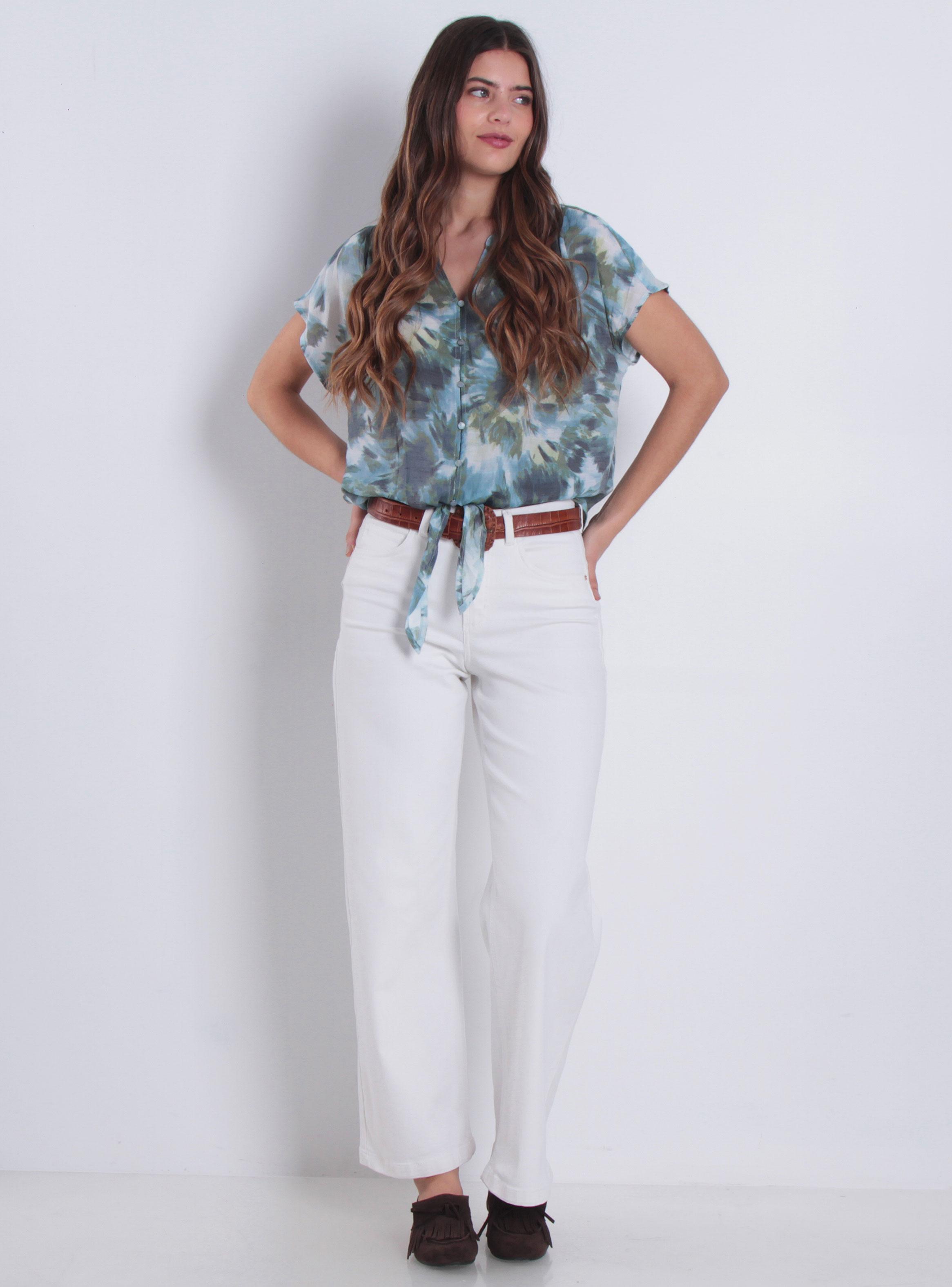 Blusa Manga Corta Cuello Mao Escote V Amarrada en Ruedo-3