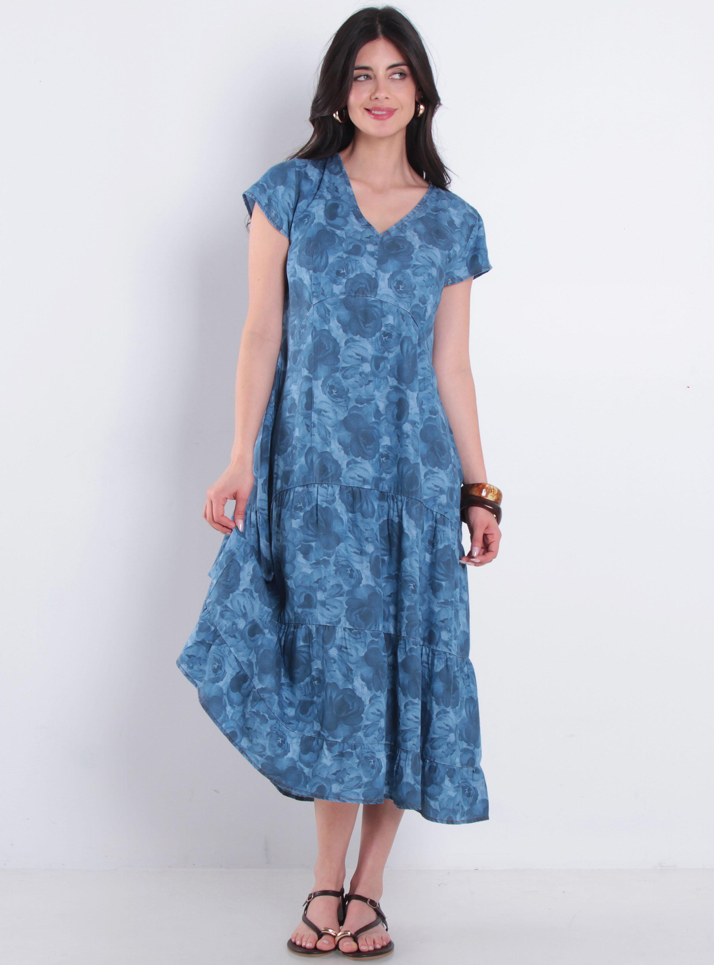 Vestido Manga Corta Tencel Estampado Escote V-0