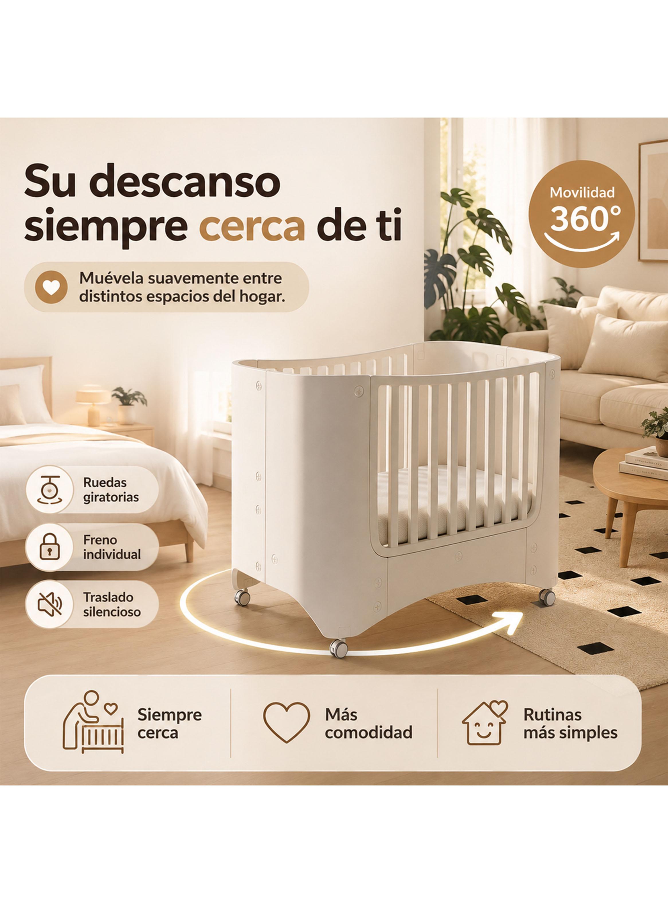 Cuna Móvil Multifuncional con Ruedas y Organizadores Beige-3