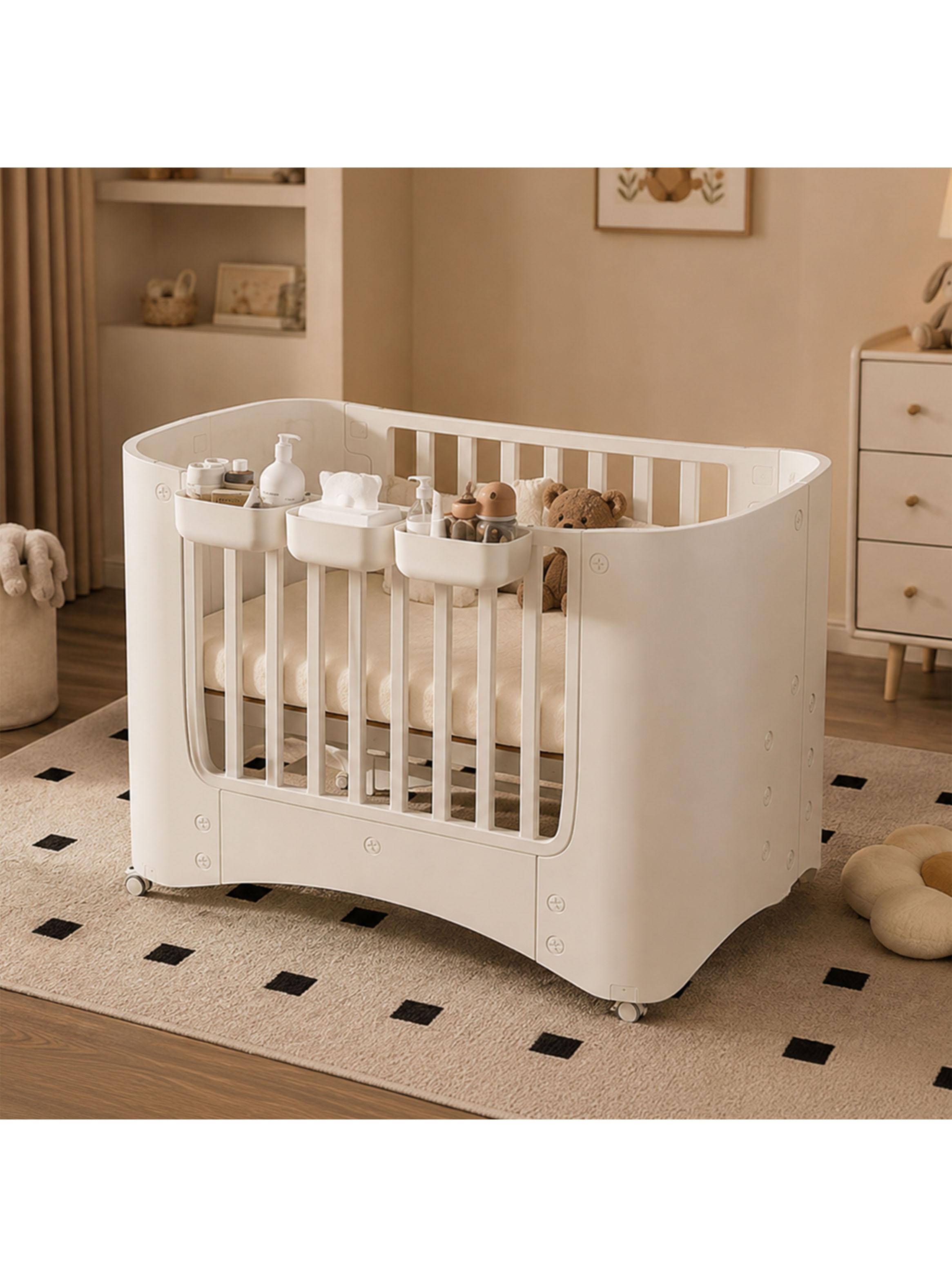 Cuna Móvil Multifuncional con Ruedas y Organizadores Beige-2