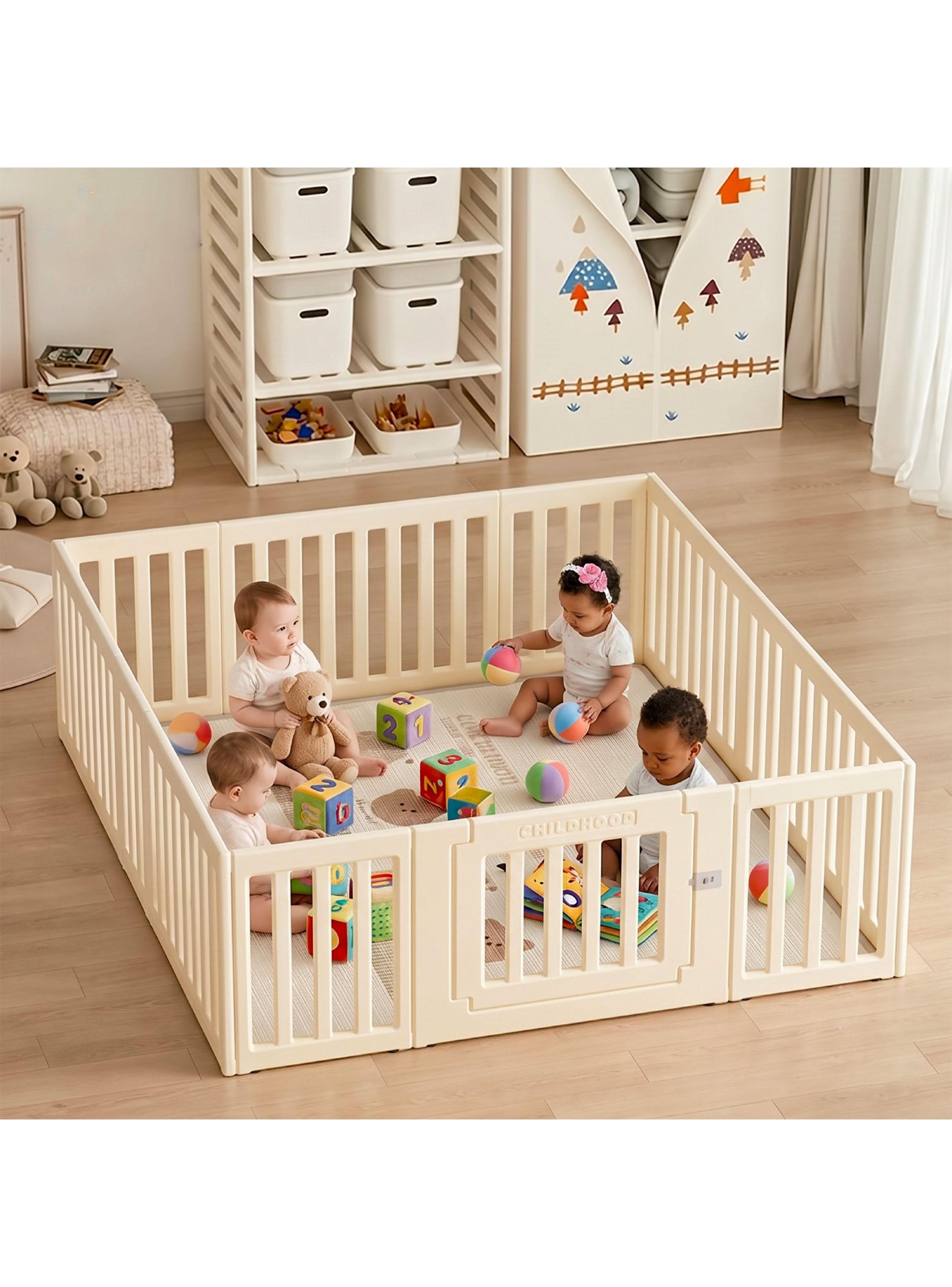 Corral de Juegos Modular con Puerta de Seguridad Off White-3