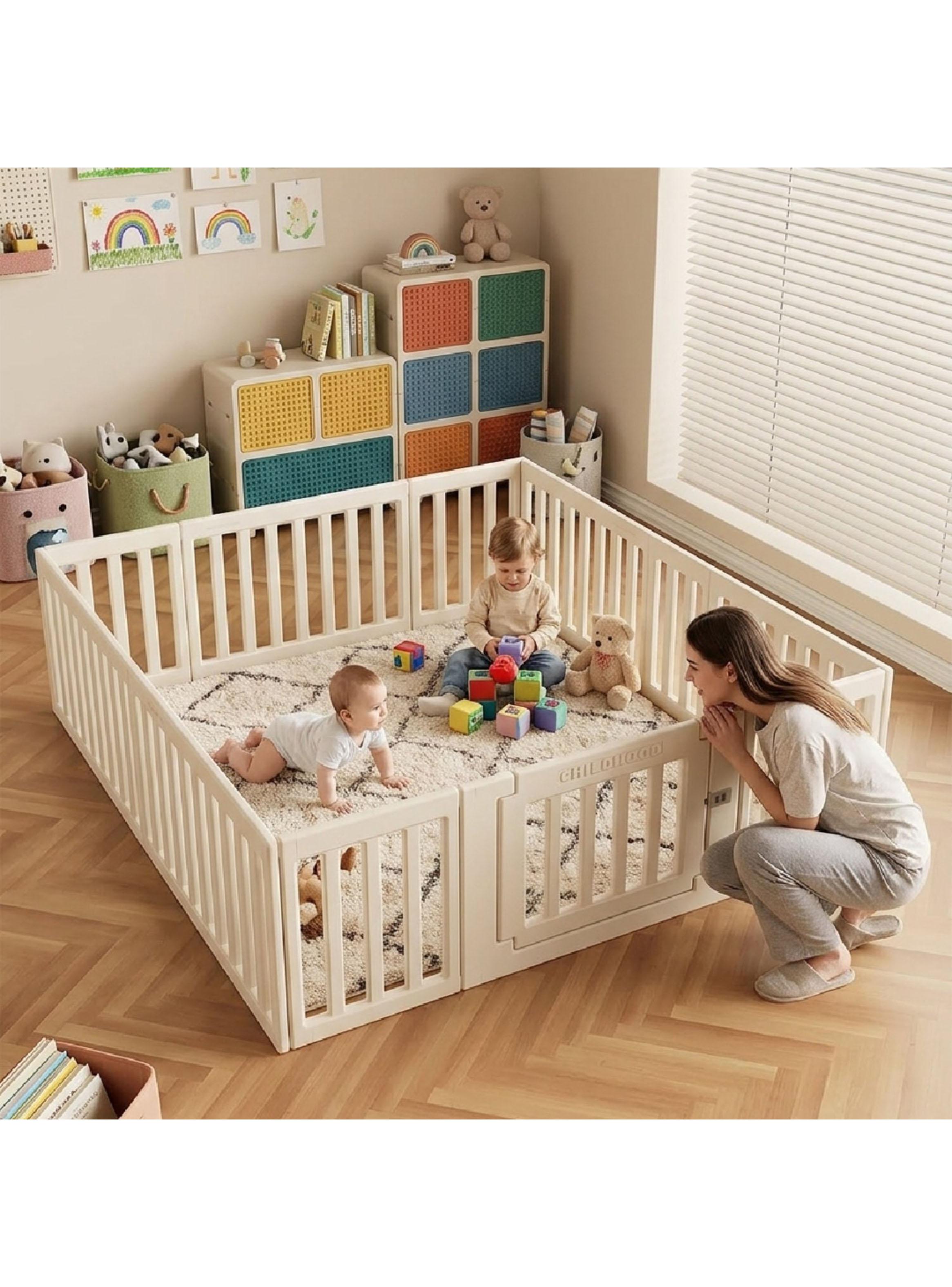 Corral de Juegos Modular con Puerta de Seguridad Off White-4