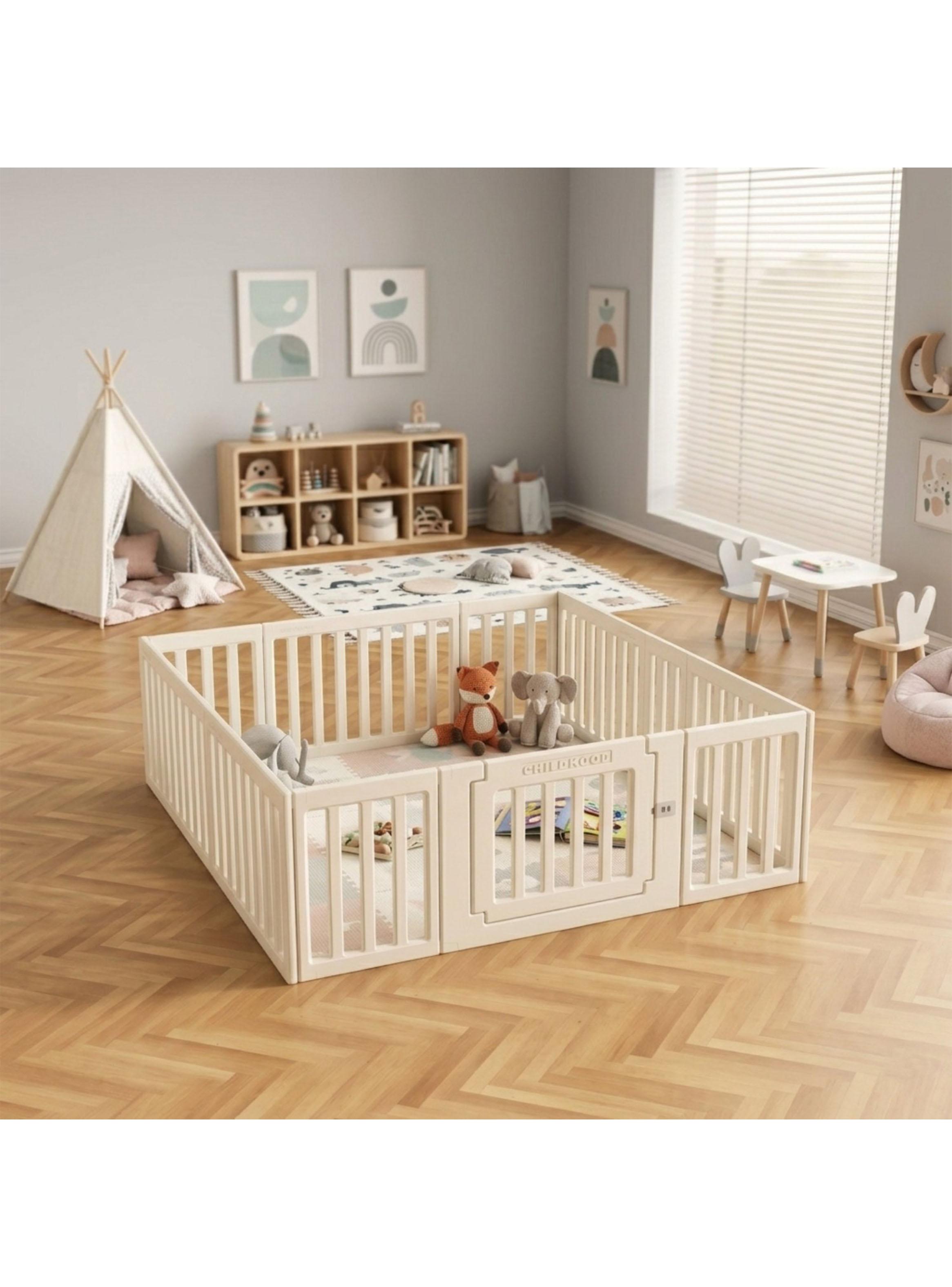 Corral de Juegos Modular con Puerta de Seguridad Off White-5
