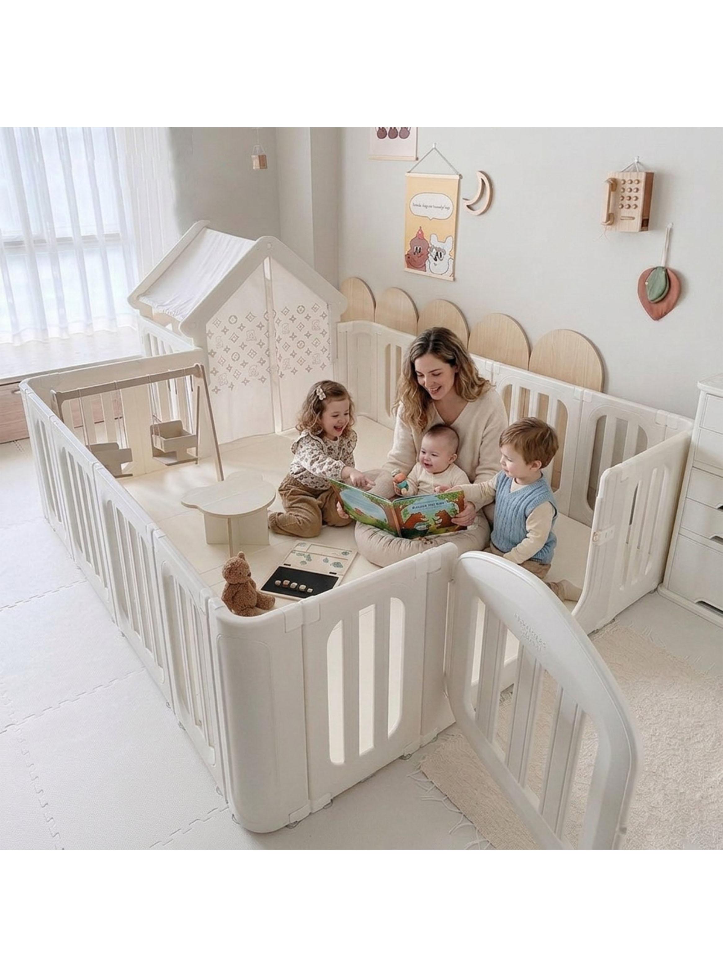 Corral de Juegos con Casita Refugio y Puerta Seguridad Beige-5