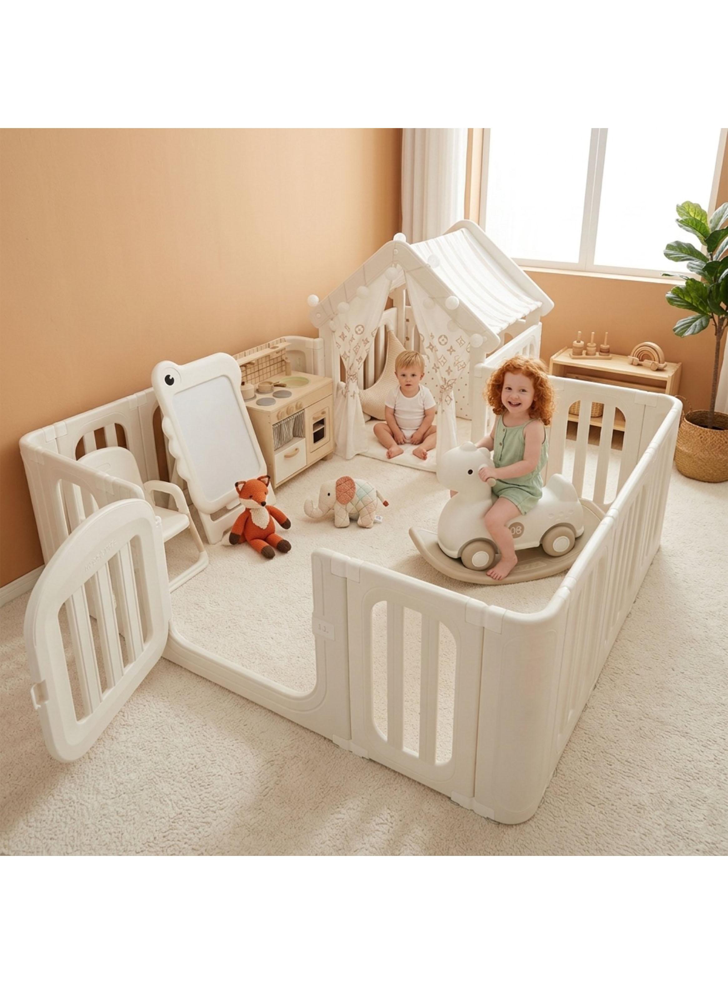 Corral de Juegos con Casita Refugio y Puerta Seguridad Beige-4