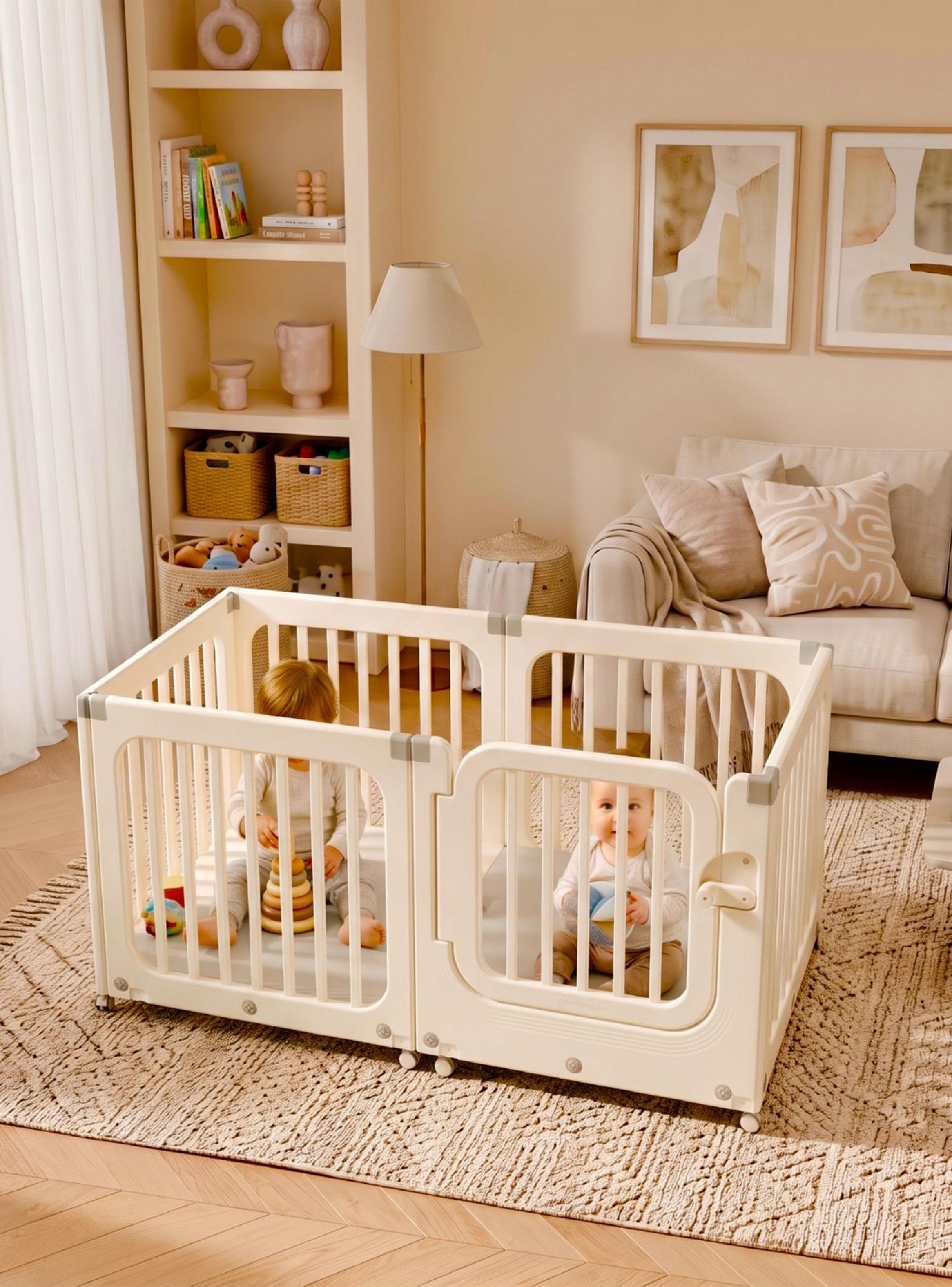 Corral de Juegos Móvil Rectangular Doble con Ruedas y Puerta-4