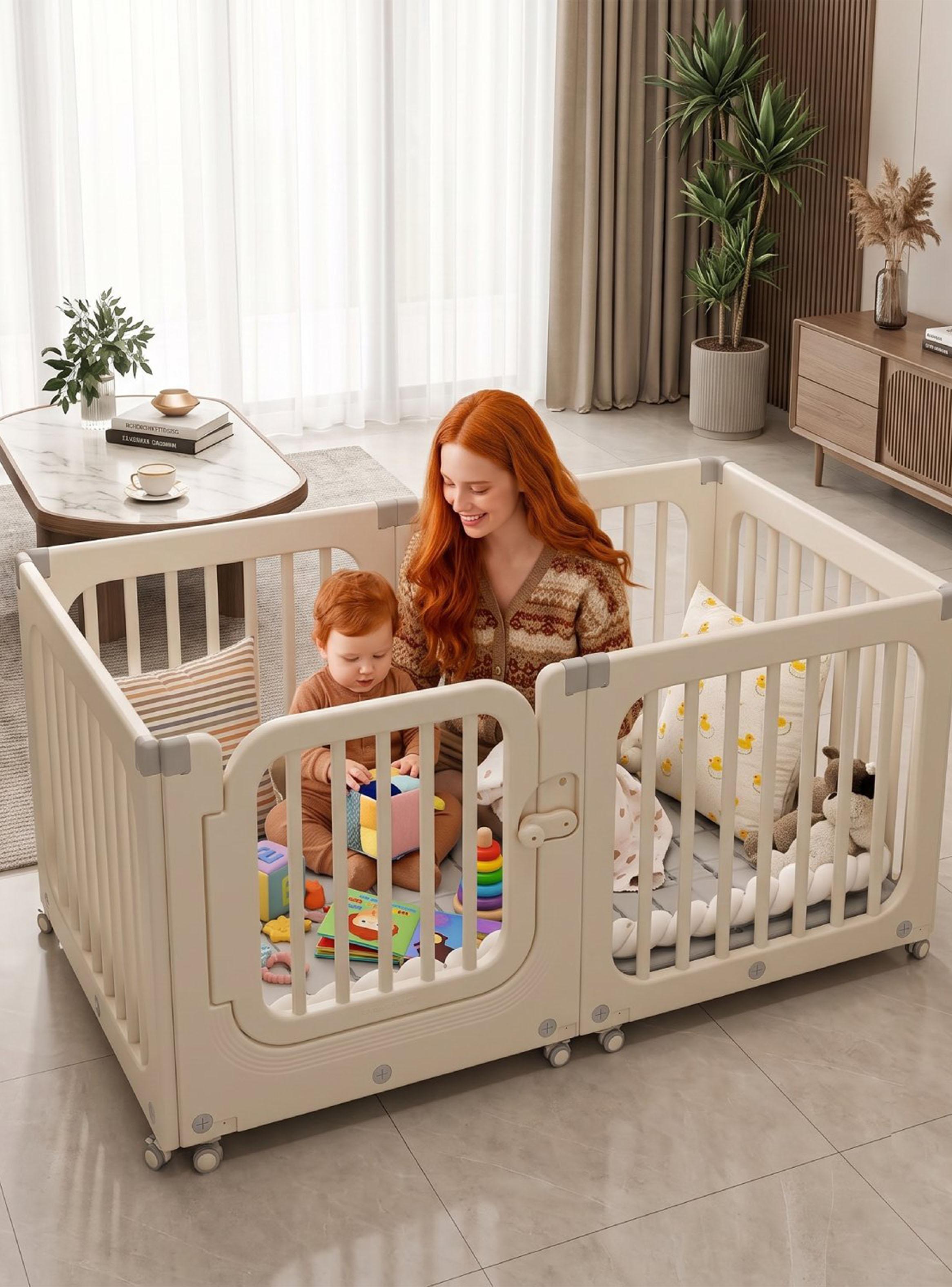 Corral de Juegos Móvil Rectangular Doble con Ruedas y Puerta-5