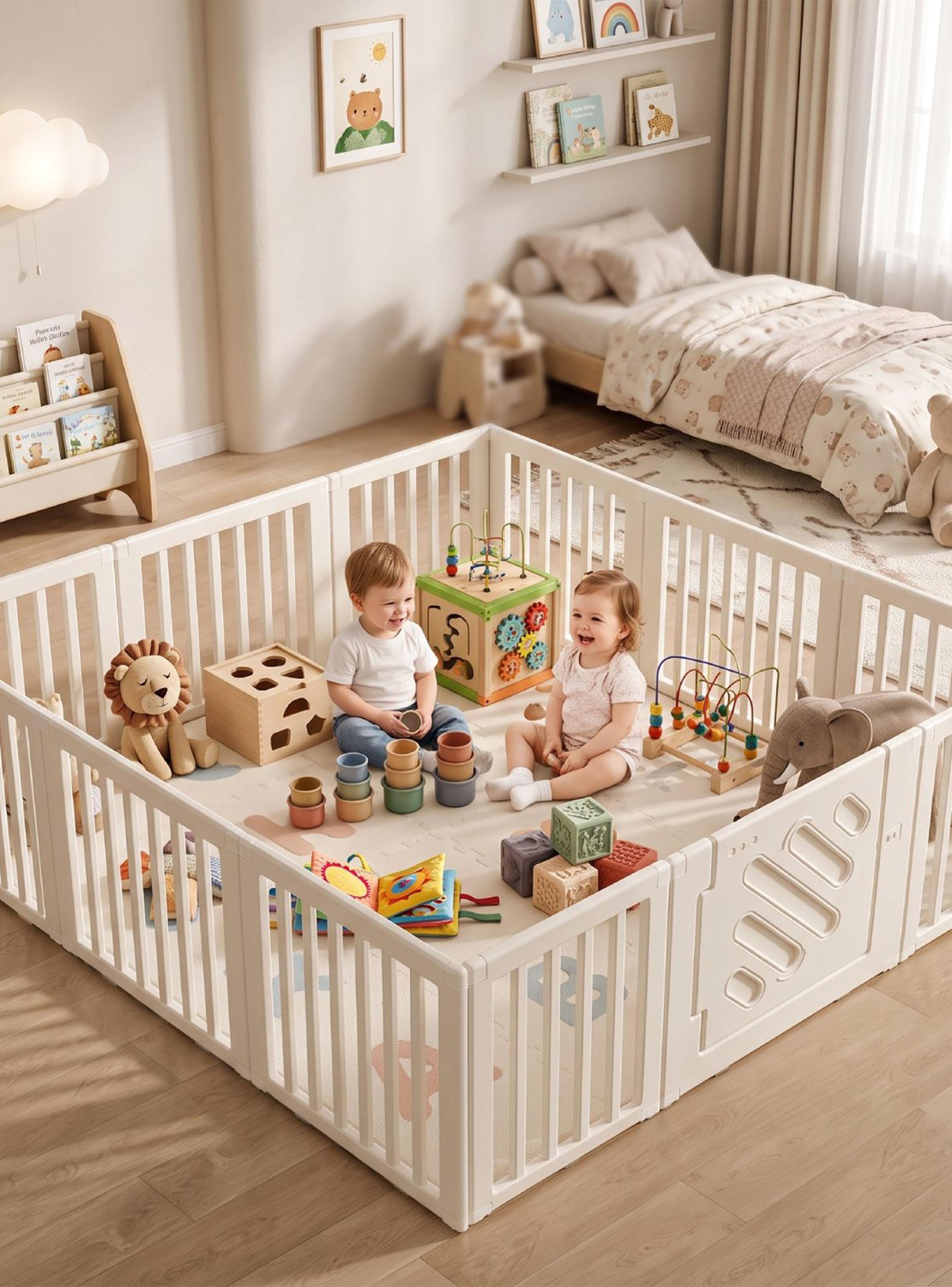 Corral de Juegos Modular con Puerta de Seguridad Blanco-5