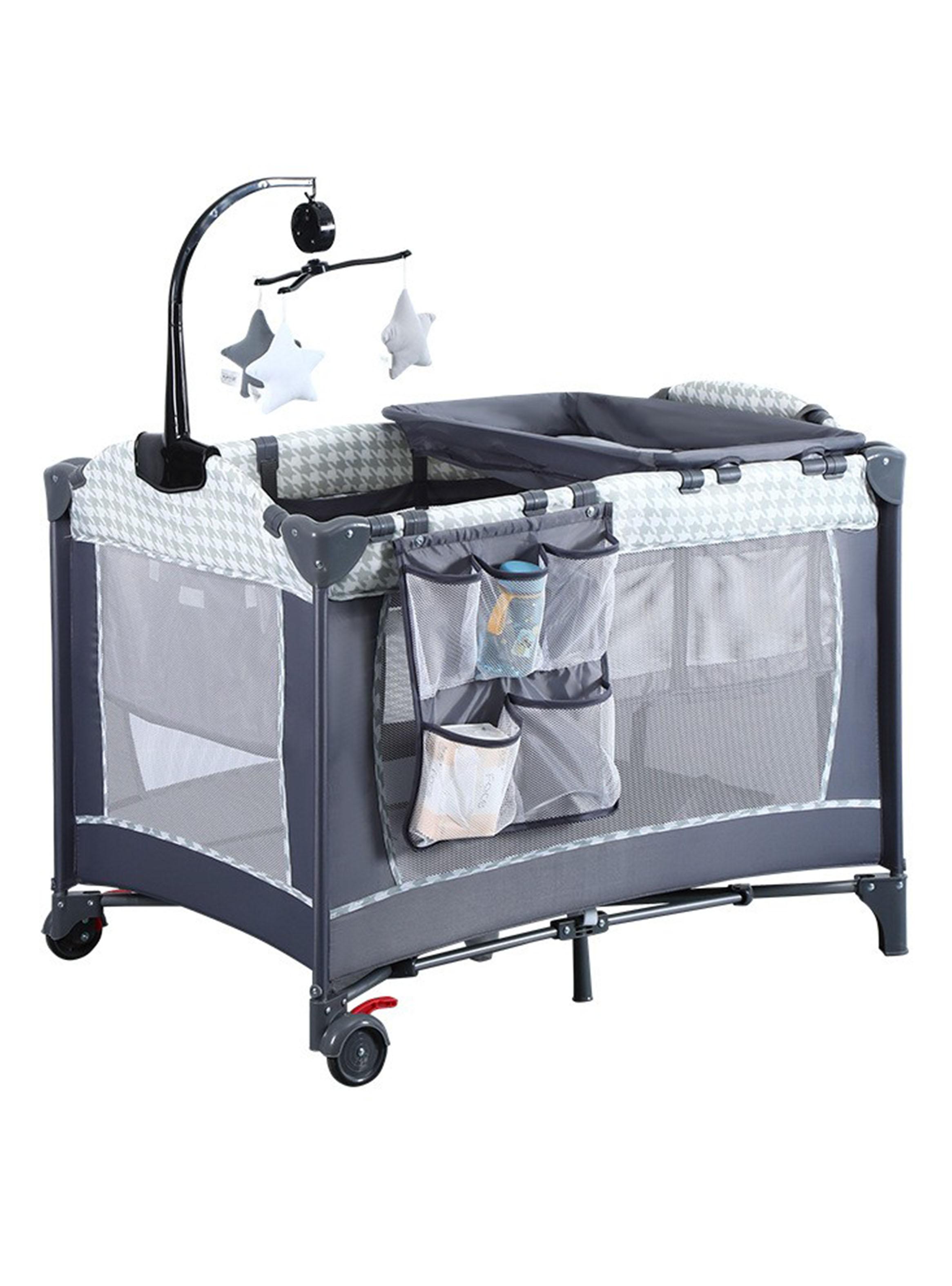 Cuna Corral Plegable Diseño Completo con Organizador Gris Estampado-0