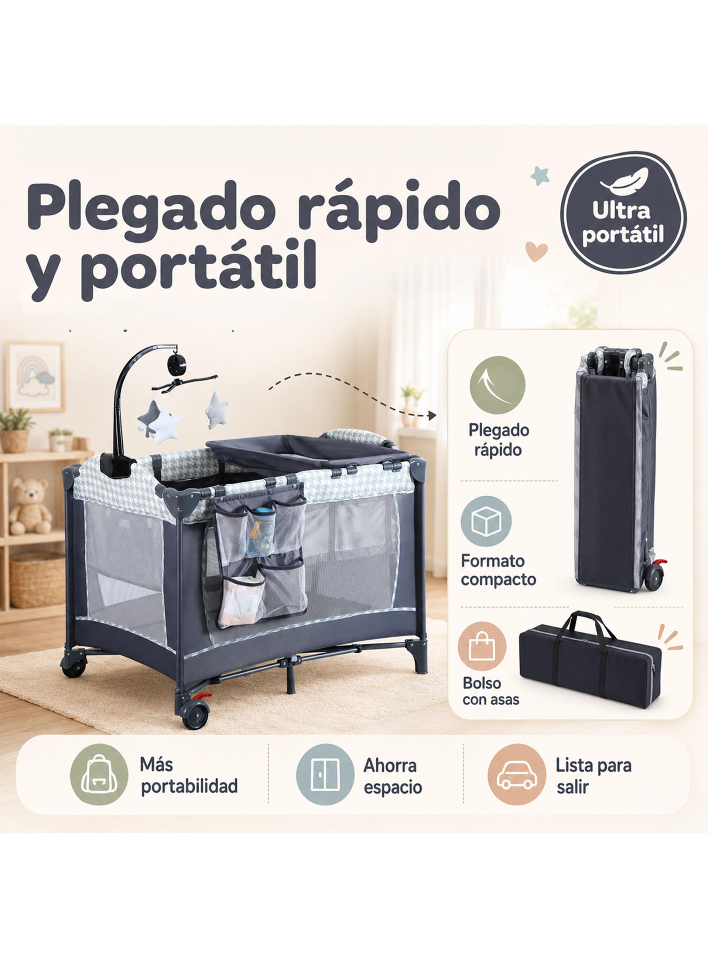 Cuna Corral Plegable Diseño Completo con Organizador Gris Estampado-3