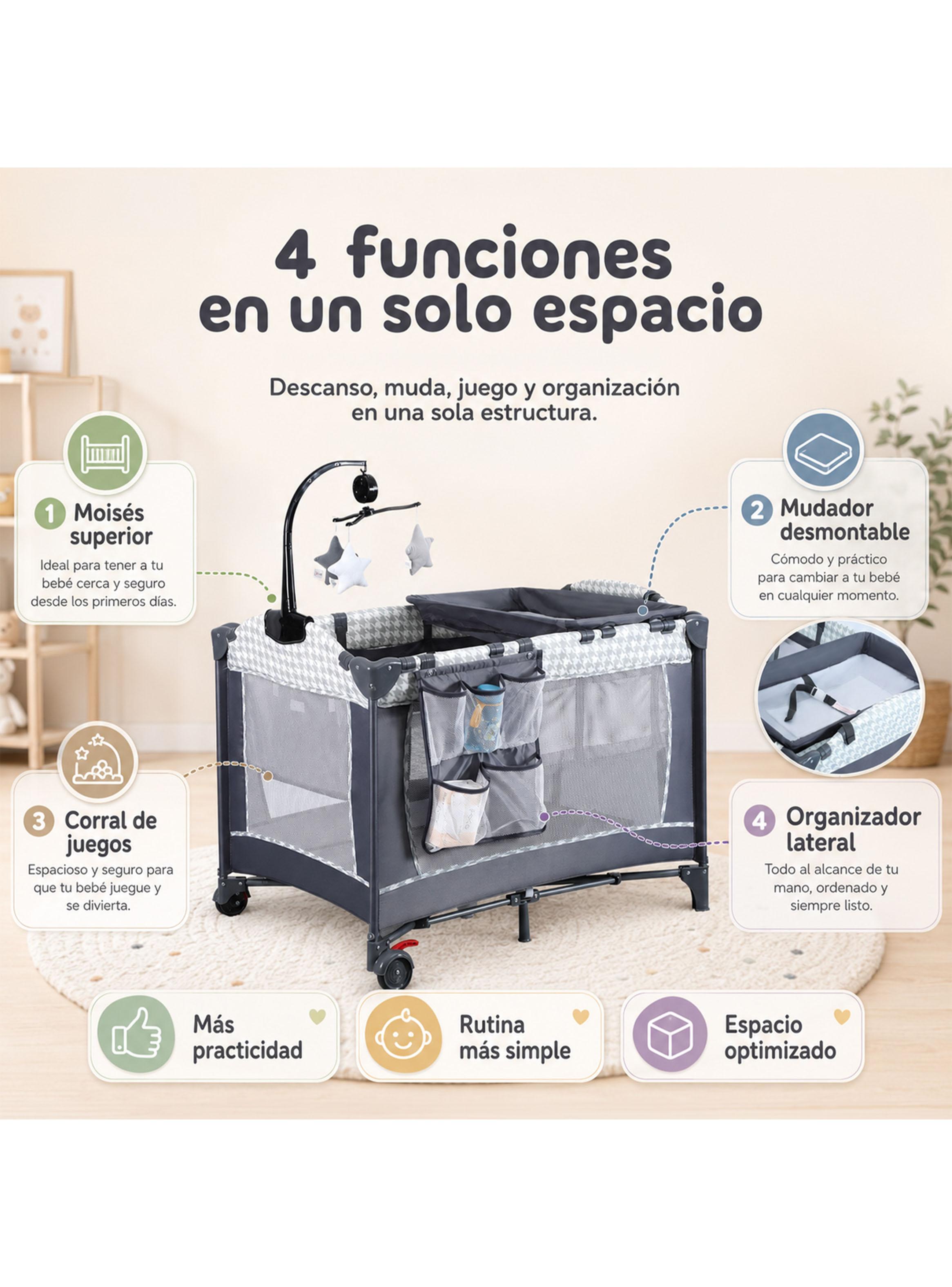Cuna Corral Plegable Diseño Completo con Organizador Gris Estampado-2