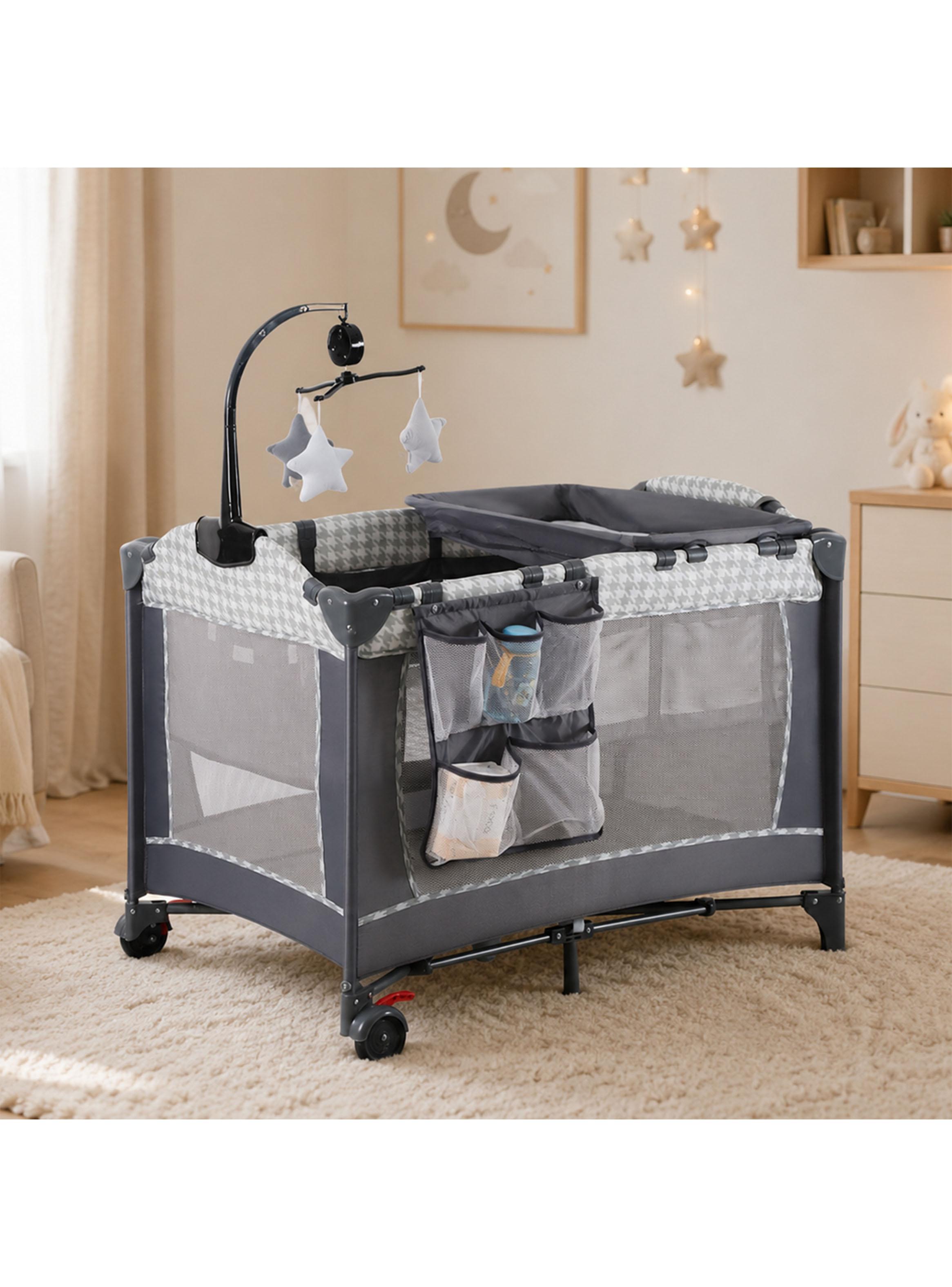 Cuna Corral Plegable Diseño Completo con Organizador Gris Estampado-5