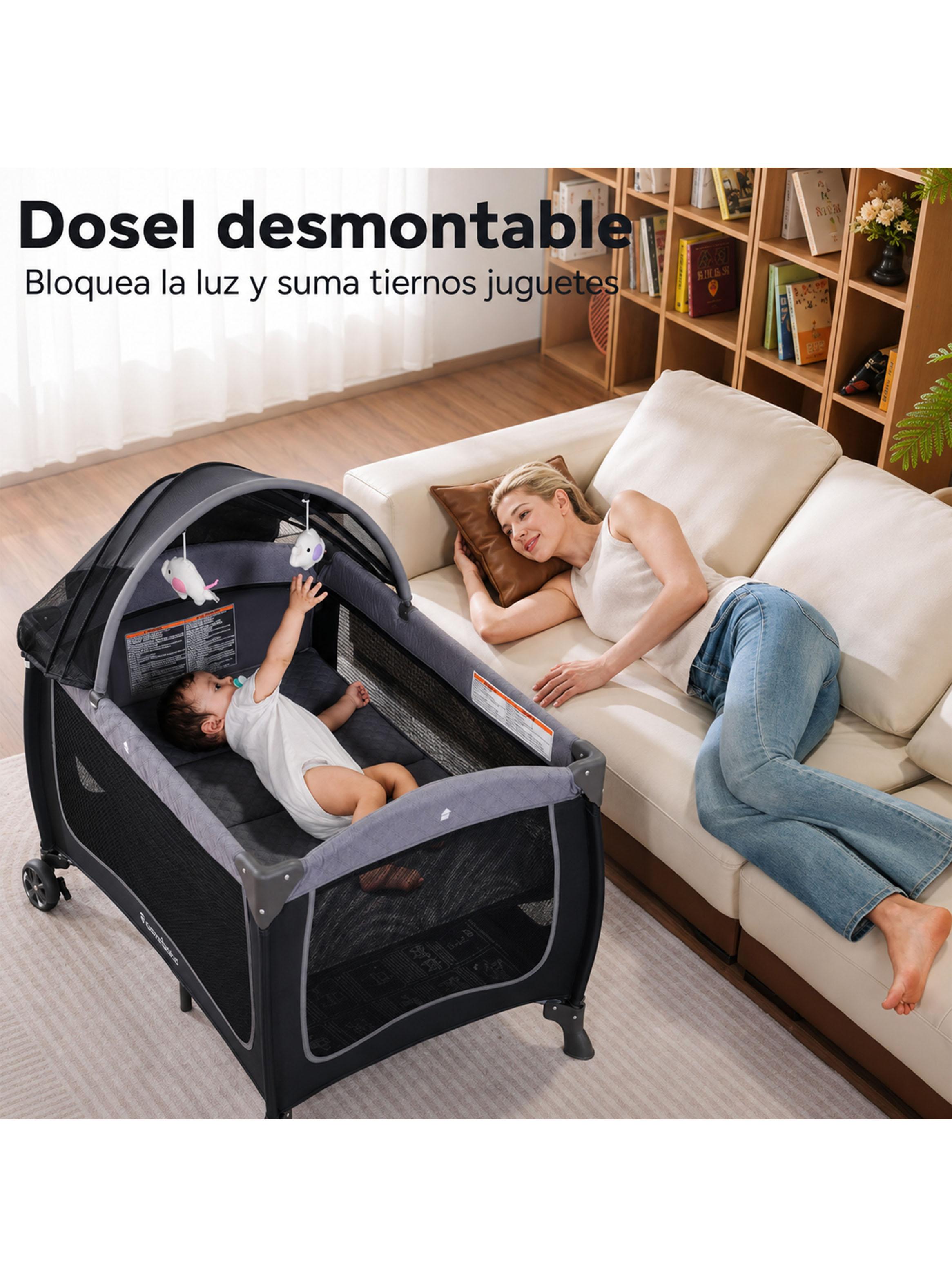 Cuna Corral Plegable de Viaje Colecho con Mudador Organizador y Móvil Gris-5