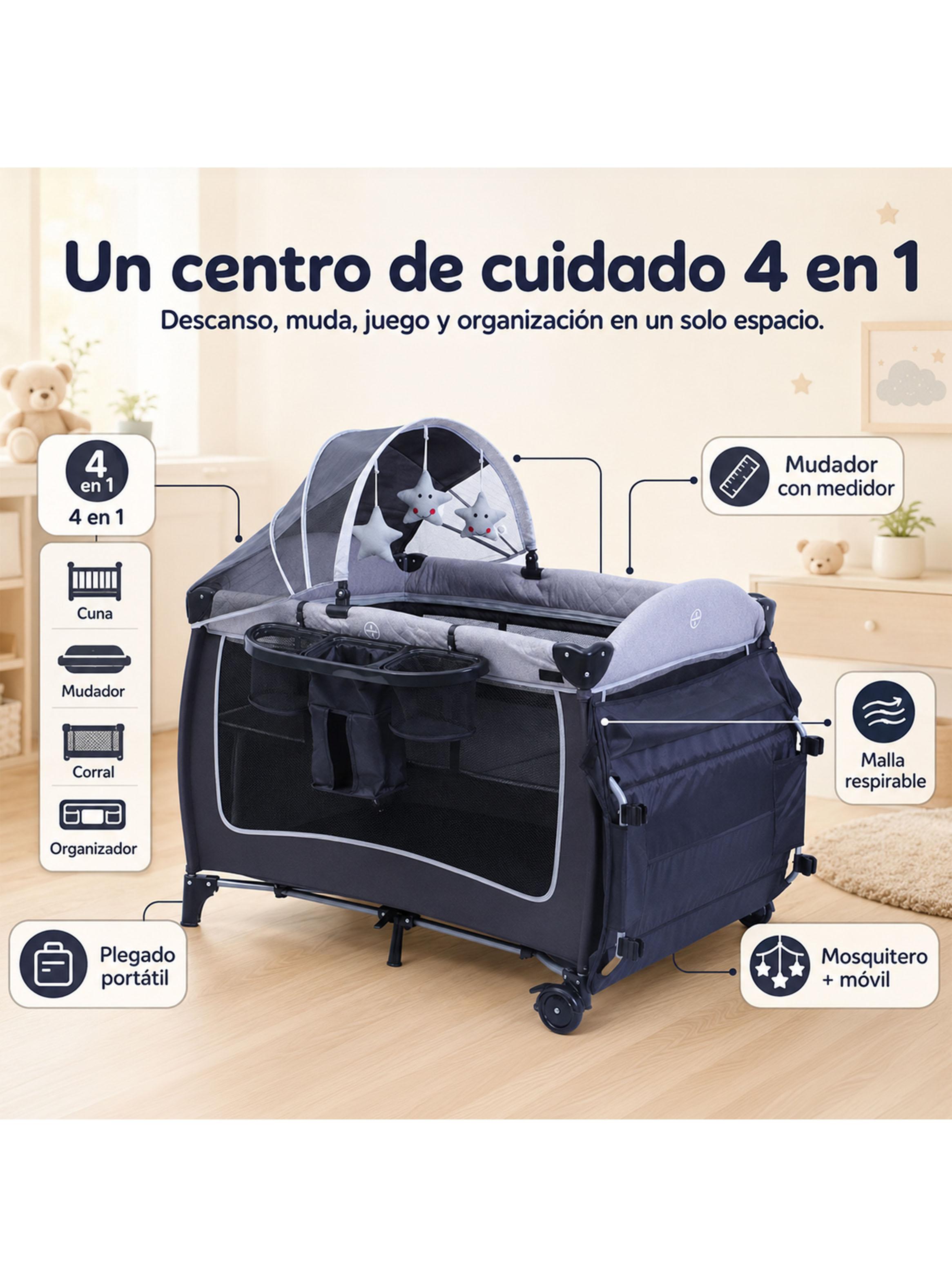 Cuna Corral Plegable de Viaje Colecho con Mudador Organizador y Móvil Gris-4