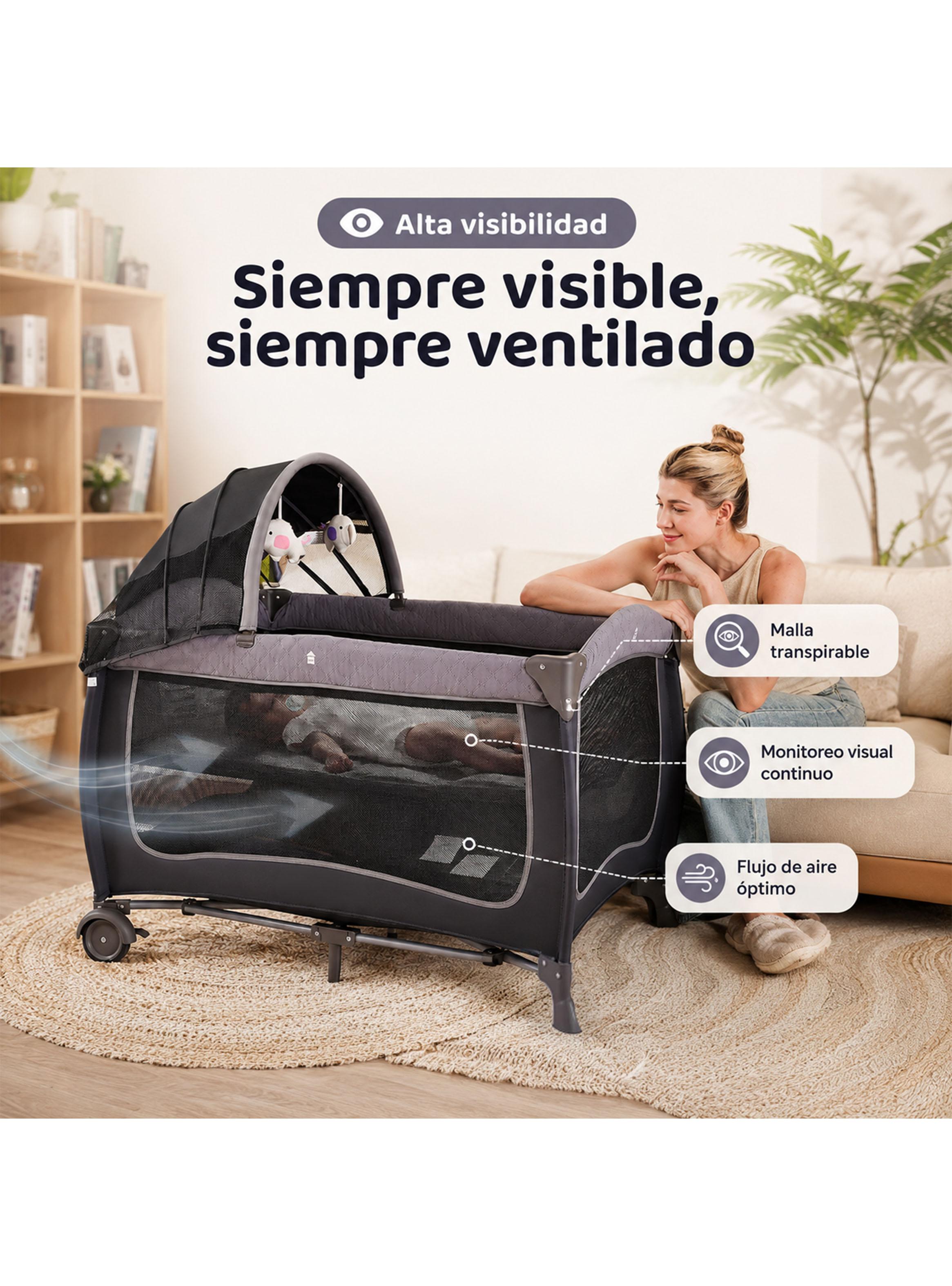 Cuna Corral Plegable de Viaje Colecho con Mudador Organizador y Móvil Gris-2