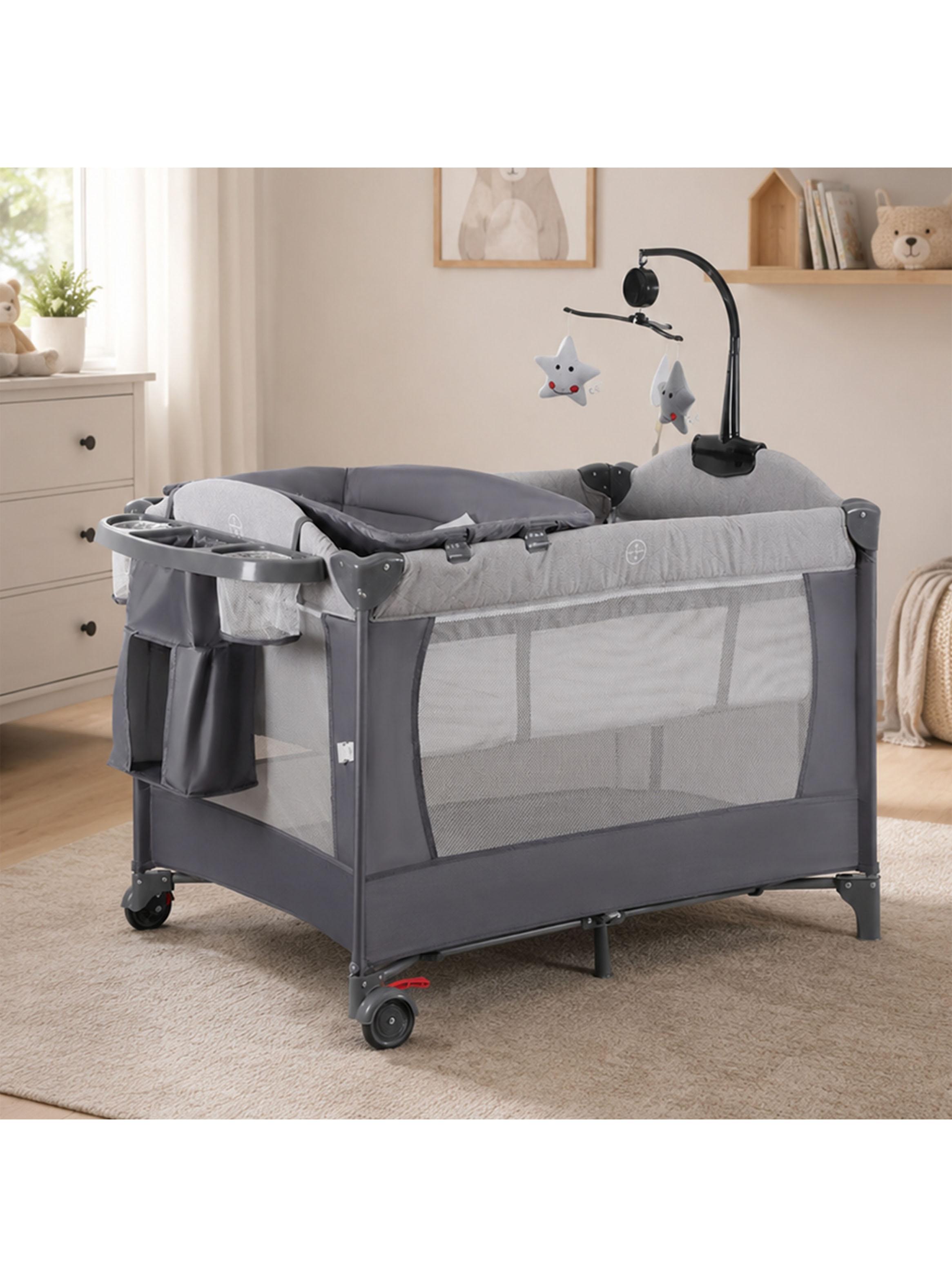 Cuna Corral Plegable de Viaje con Mudador Mosquitero y Organizador Gris-4